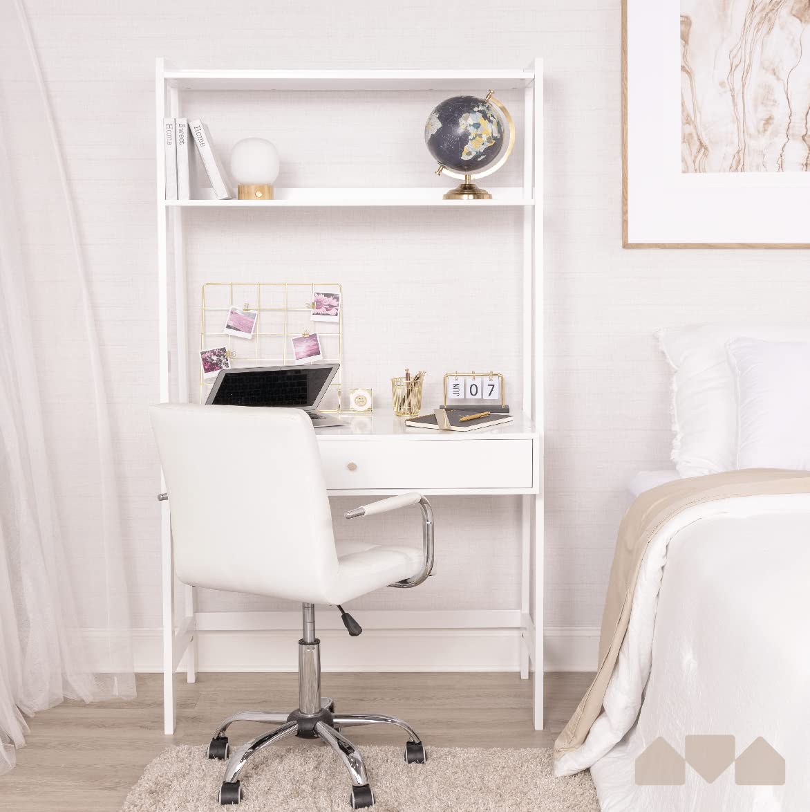 Milliard White Ladder Desk with Storage - Freestanding Wall Computer Desk with Drawer and Shelves for Home Office, Study Room, or Small Space Workstation
