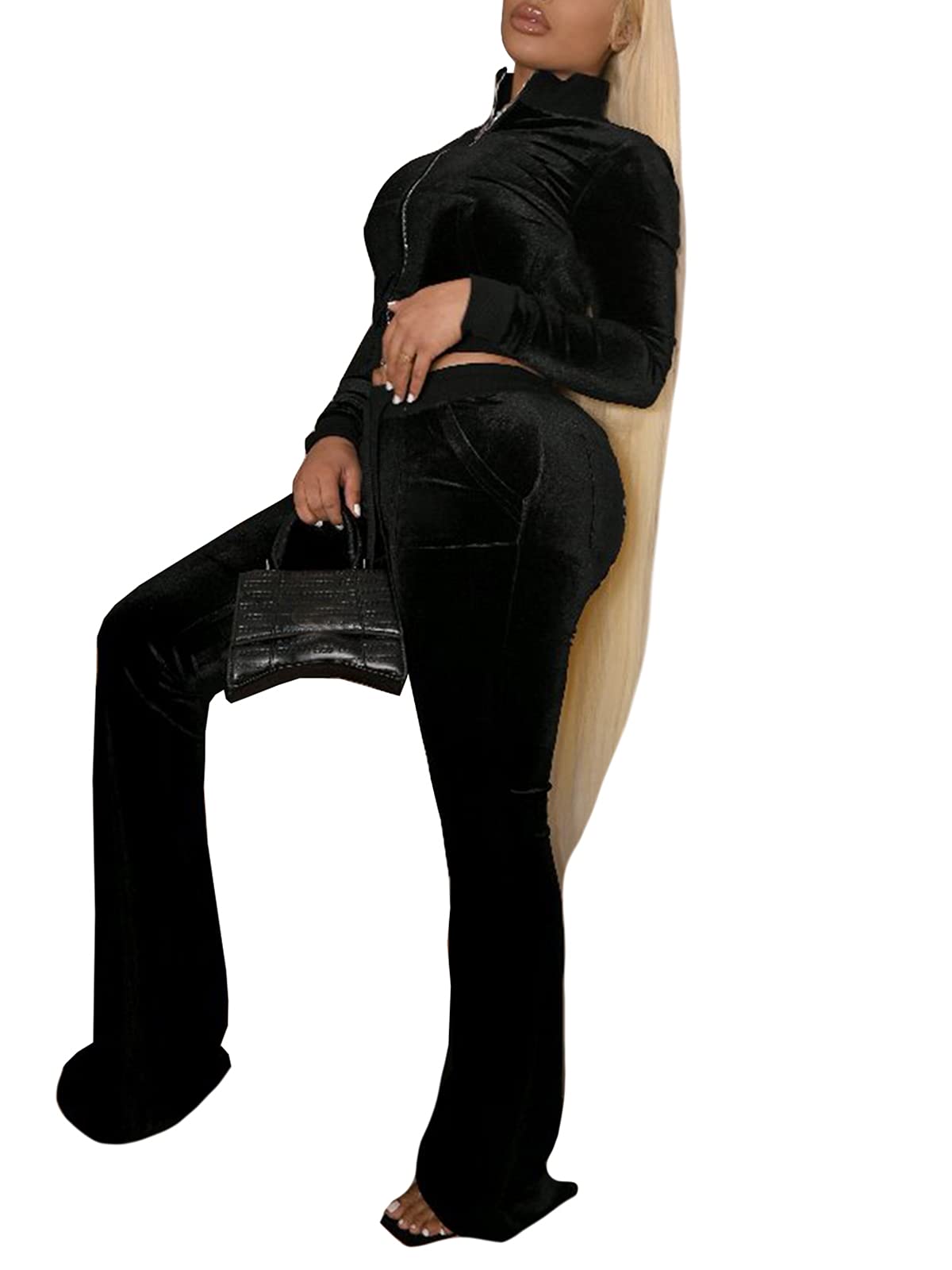 JURIS Women's 2-Piece Velour Tracksuit Set - Long Sleeve Zip Crop Top & Flare Pants | Lounge Wear, Casual Outfit, Athleisure Fashion for Women | Perfect for Yoga, Gym, Travel & Streetwear