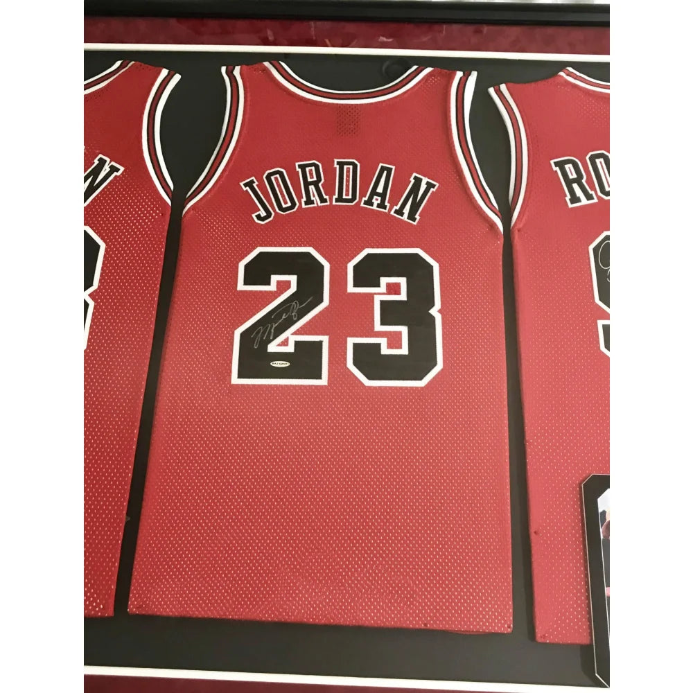 Authentic Michael Jordan Scottie Pippen Dennis Rodman Triple Signed Chicago Bulls Framed Jerseys - UDA & JSA Certified - Perfect for Sports Memorabilia Collectors & Man Cave Decor