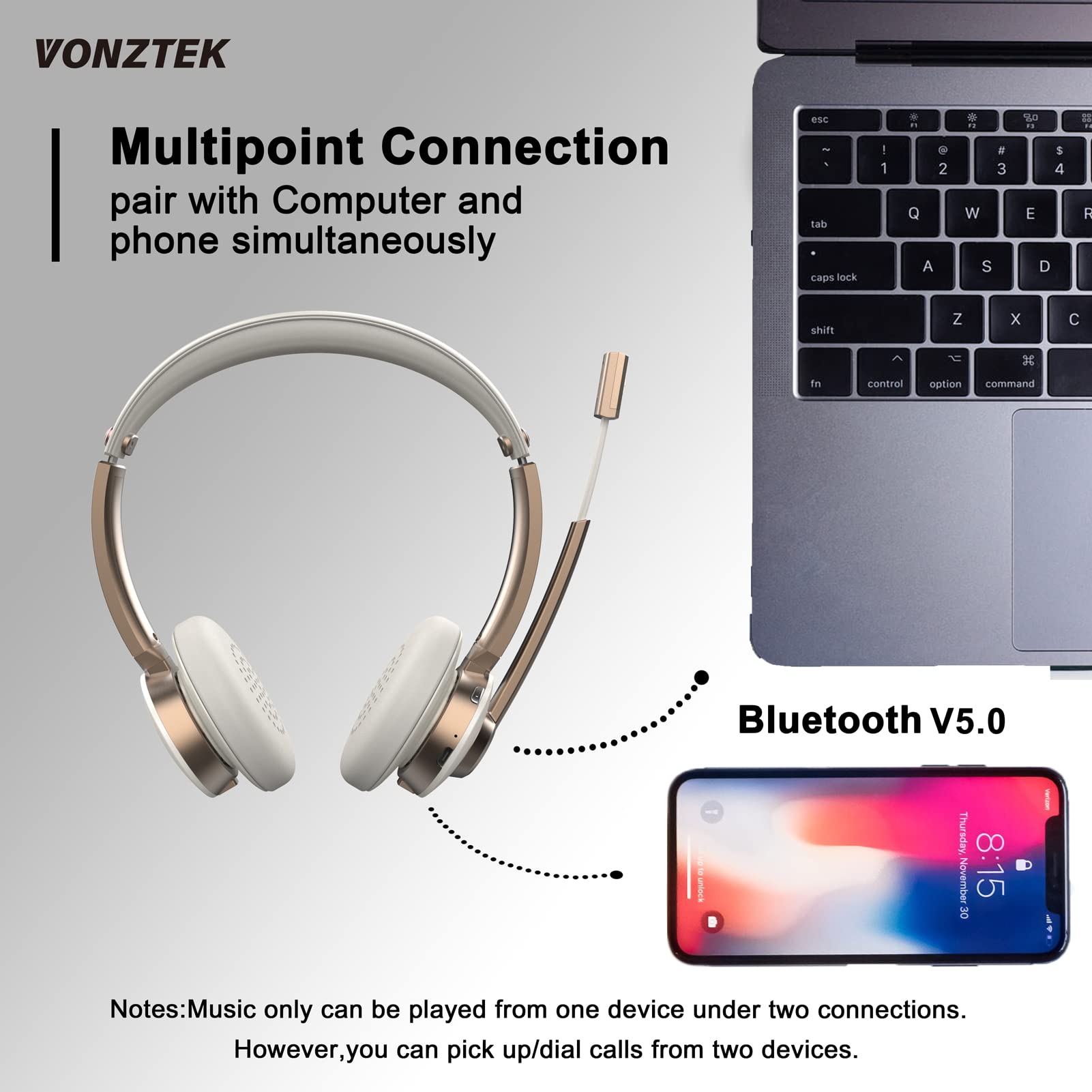 Wireless Bluetooth Headset with Noise Cancelling Microphone - 26 Hours Talk Time, On-Ear Headphones with Mic Mute Function for Mac, Laptop, Zoom, Teams - Perfect for Call Centers, Home Office, Remote Work & Online Meetings (Gold)