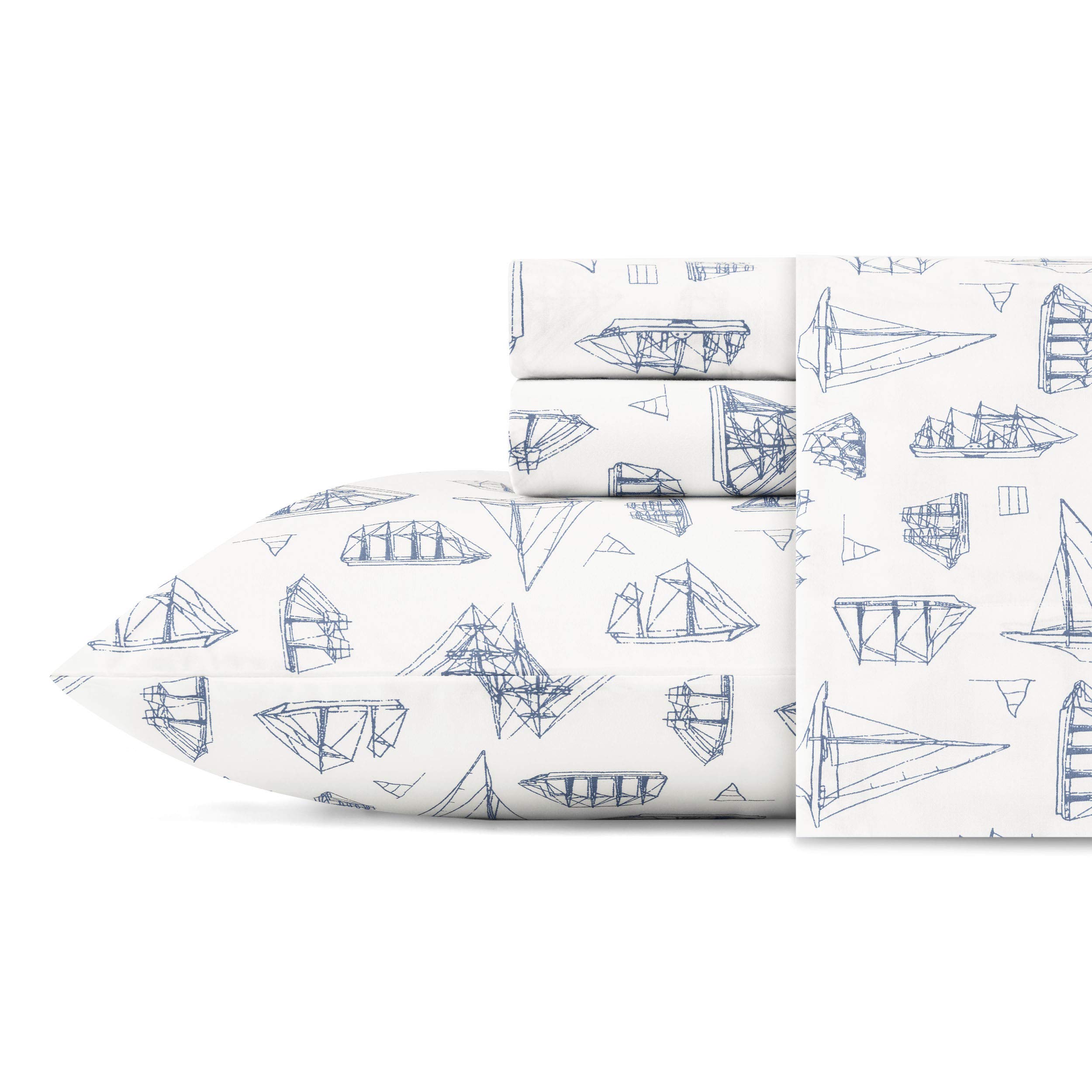 Nautica Cotton Percale Twin Sheets Set - Coastal Blue & White Sailboat Design - Soft Breathable Bedding for Comfortable Sleep - Perfect for Beach House, Guest Room & Dorm Decor