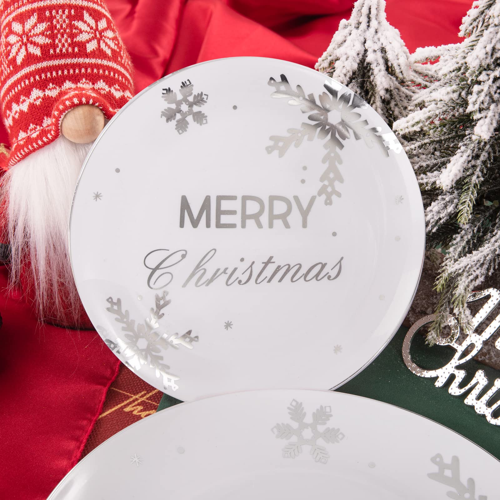 KIRE 25-Pack White Christmas Party Plates with Silver Snowflake Design - Disposable Plastic Dinnerware Set Includes Silver Cutlery & Clear Cups for Holiday Celebrations, Family Gatherings & Festive Events