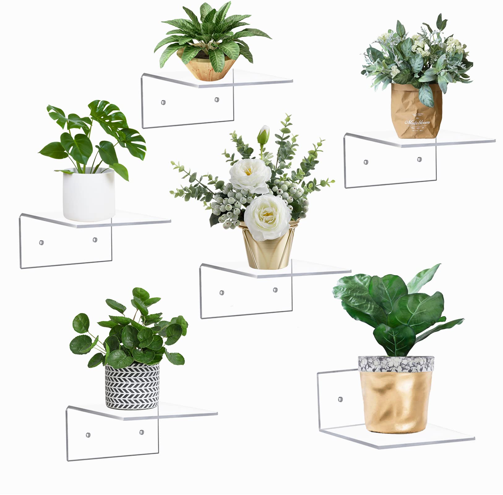 6 Pack Clear Acrylic Floating Shelves for Wall Mounting - Small Adhesive Display Shelves for Plants, Funko Pop Figures, Toys & Pictures - Perfect for Bedroom, Living Room & Office Decor