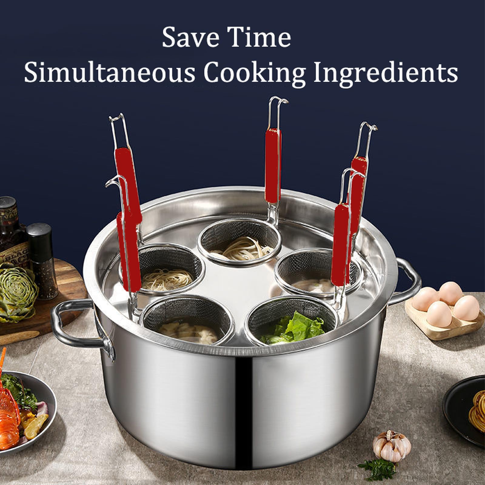 3/4/5 Hole Stainless Steel Pasta Cooker Insert Set with Spider Strainer Basket - Multipurpose Pasta Pot for Home Kitchen & Restaurant Use - Ideal for Cooking, Draining & Serving Pasta (3-Hole, Silver)