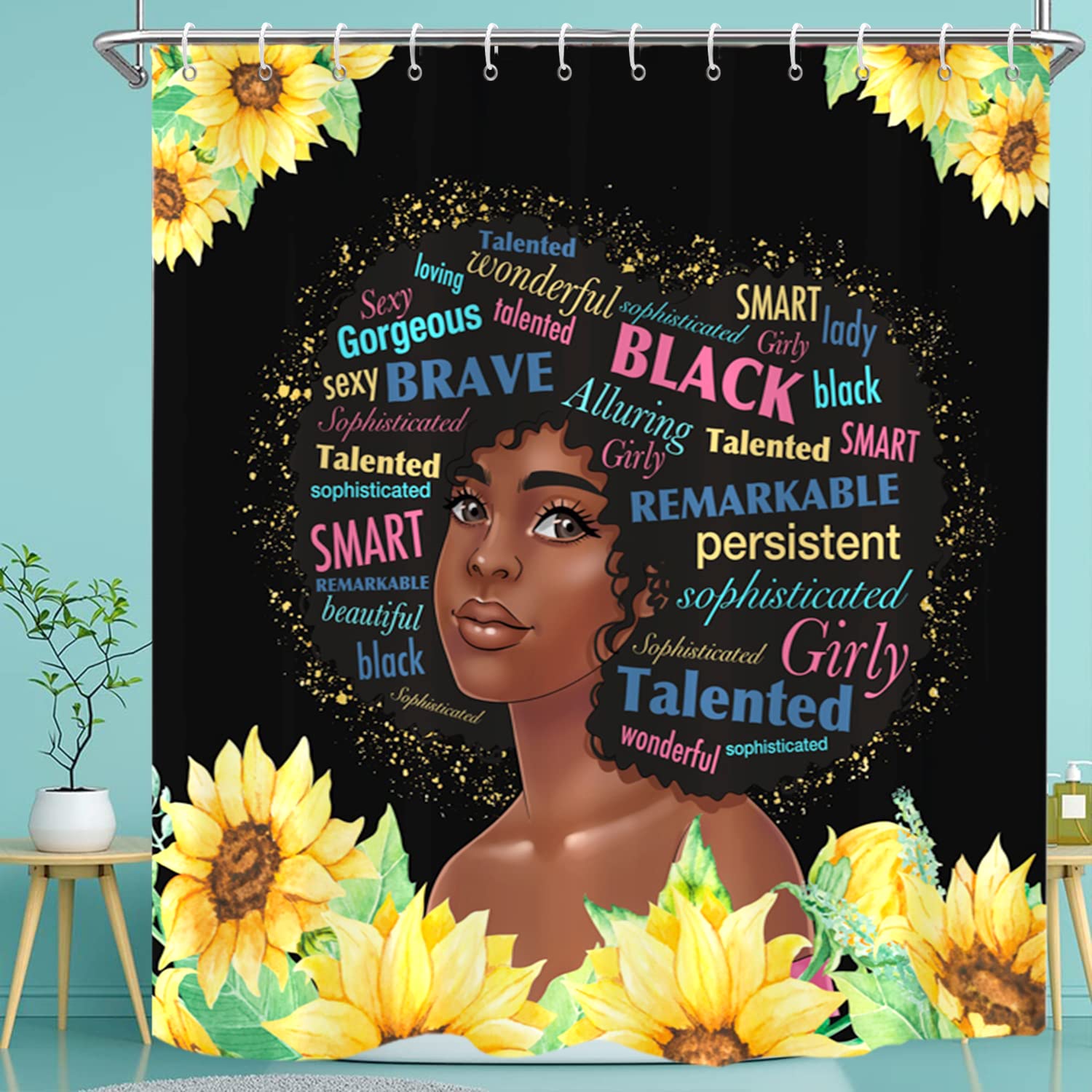 Black Girl Shower Curtain with Sunflower Afro Design - African American Women Inspirational Art Bathroom Decor - Waterproof & Machine Washable Fabric 60x72 Inches with Hooks - Perfect for Bathroom, Bathtub, and Home Spa Decor