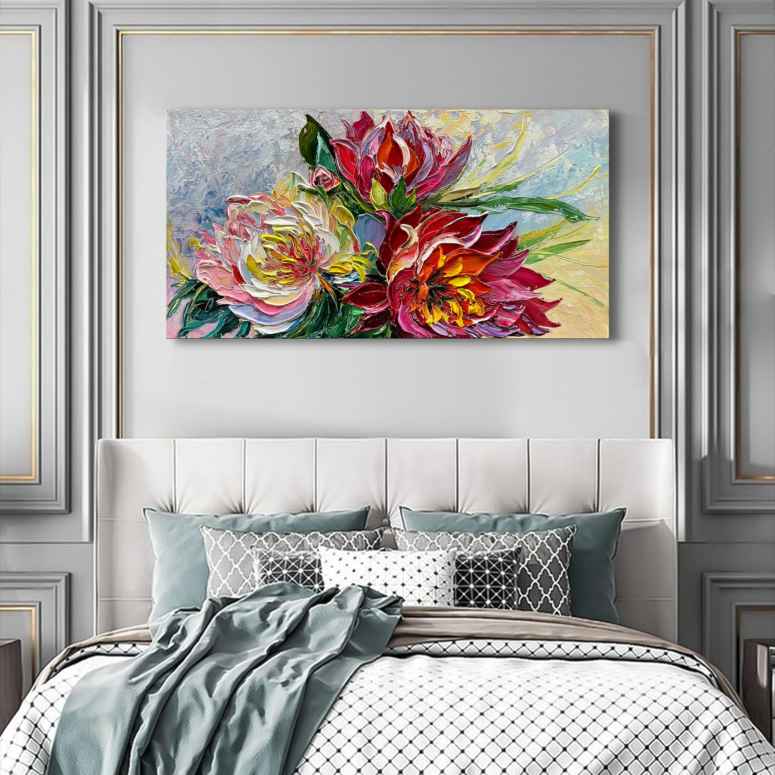 Hand Painted Red Flowers Abstract Oil Painting on Canvas 24x48 Inch - Thick Texture Wall Art Decor for Living Room, Bedroom & Office