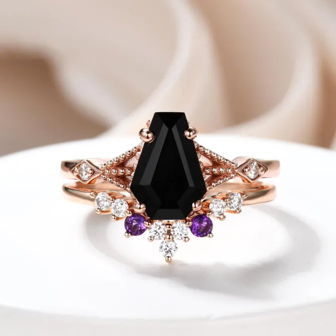 Vintage Coffin Cut Black Onyx & Amethyst Ring Set - Unique 9x6mm Gothic Jewelry for Women - Perfect for Halloween, Dark Aesthetic & Alternative Fashion Lovers