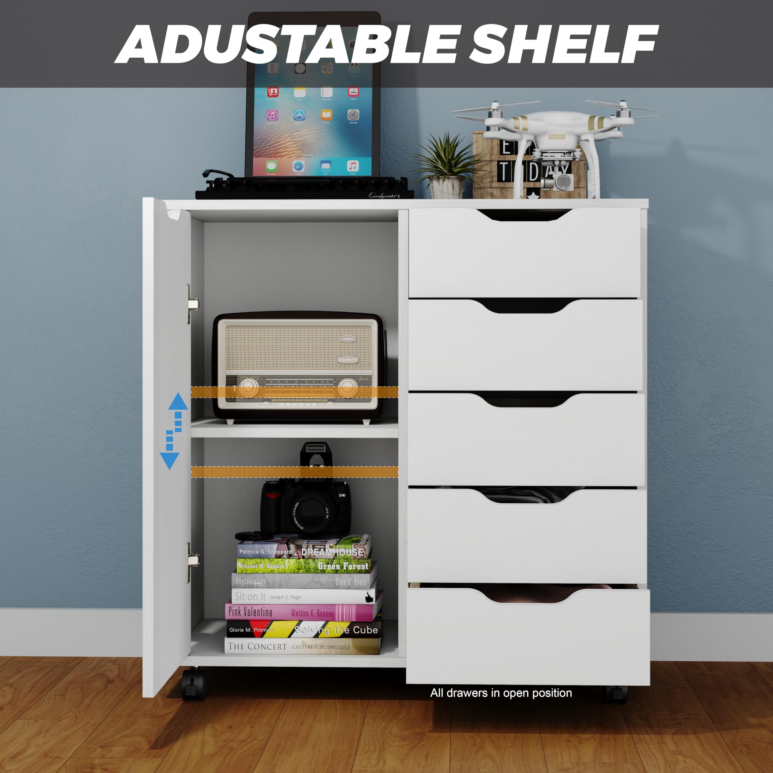 Panana 5-Drawer Wooden Dresser with Wheels & Door - White Storage Cabinet for Bedroom, Office Organization & Clothes Storage - Perfect for Small Spaces & Home Decor