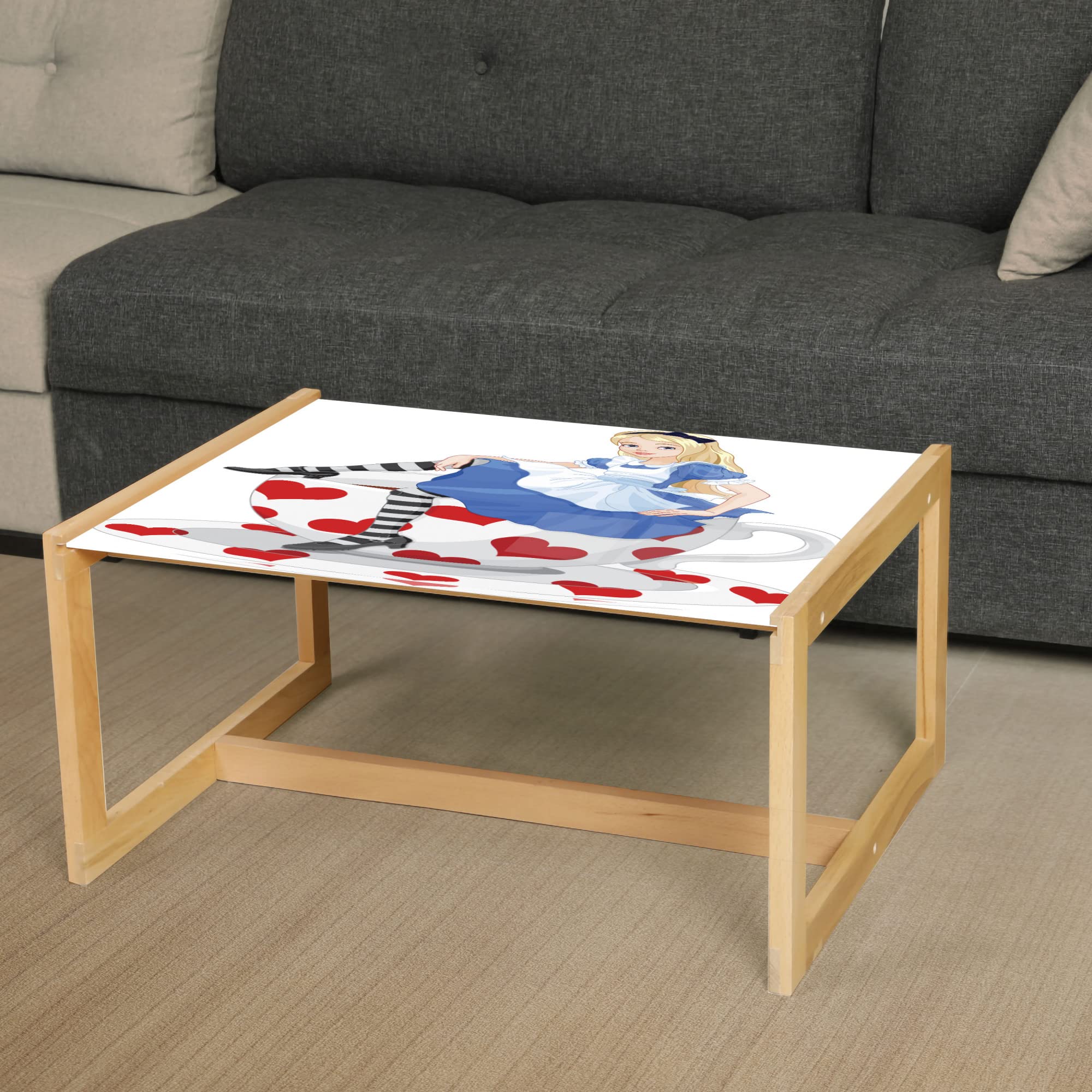 Ambesonne Alice in Wonderland Coffee Table - Fantasy Tale Design with Girl Sitting on Tea Cup Heart Shape, Acrylic Glass Top & Wooden Frame - Perfect for Living Rooms, Offices & Dorms - Medium Size in Blue Vermilion White