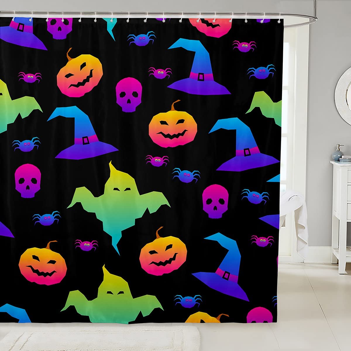 Halloween Shower Curtain Set for Kids - Ghost Pumpkin Lantern & Colorful Skull Decor Bathroom Accessories, 72x84 Inch Waterproof Polyester with Skeleton Spider Design - Perfect for Spooky Bathroom Decor & Halloween Party Themes