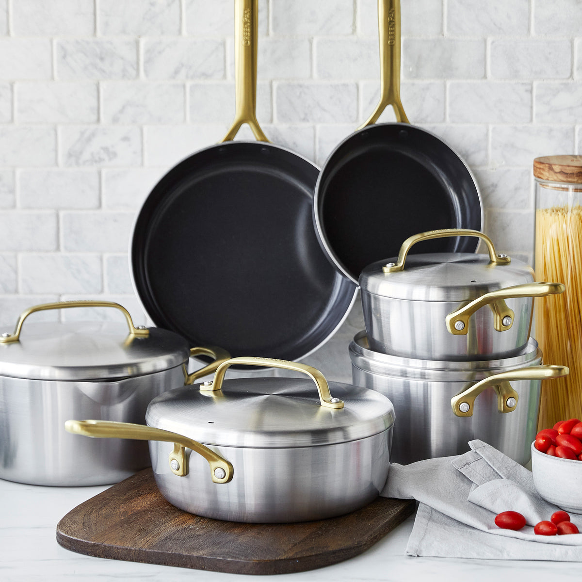 Premium GP5 Stainless Steel 10-Piece Cookware Set with Champagne Gold Handles - Nonstick Pots & Pans for Professional Cooking, Baking & Entertaining