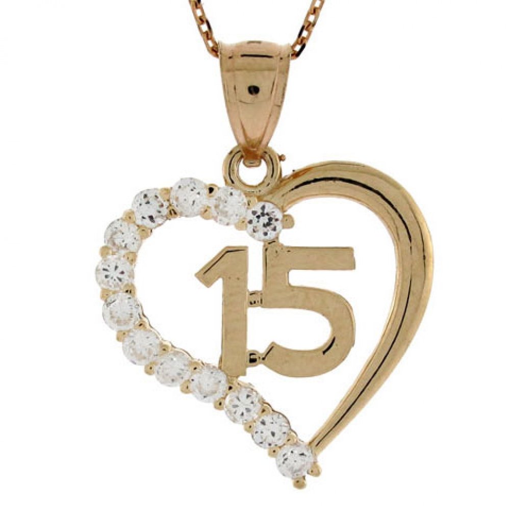 14K Gold Quinceañera Jewelry Set - CZ Heart Love Pendant Necklace for 15th Birthday Gifts | Sweet 16, Graduation, Anniversary & Special Occasions