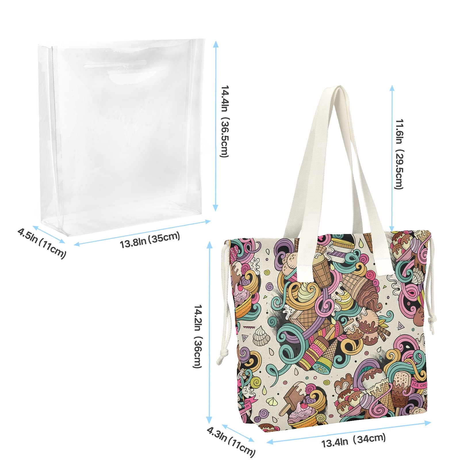Hand Drawn Desserts Clear Tote Bags for Women - 2 in 1 Transparent Shoulder Bag & Shopping Beach Tote - See Through Canvas Handbag for Work, Casual, Party & Concert - Perfect for Grocery Shopping, Beach Outings & Music Festivals