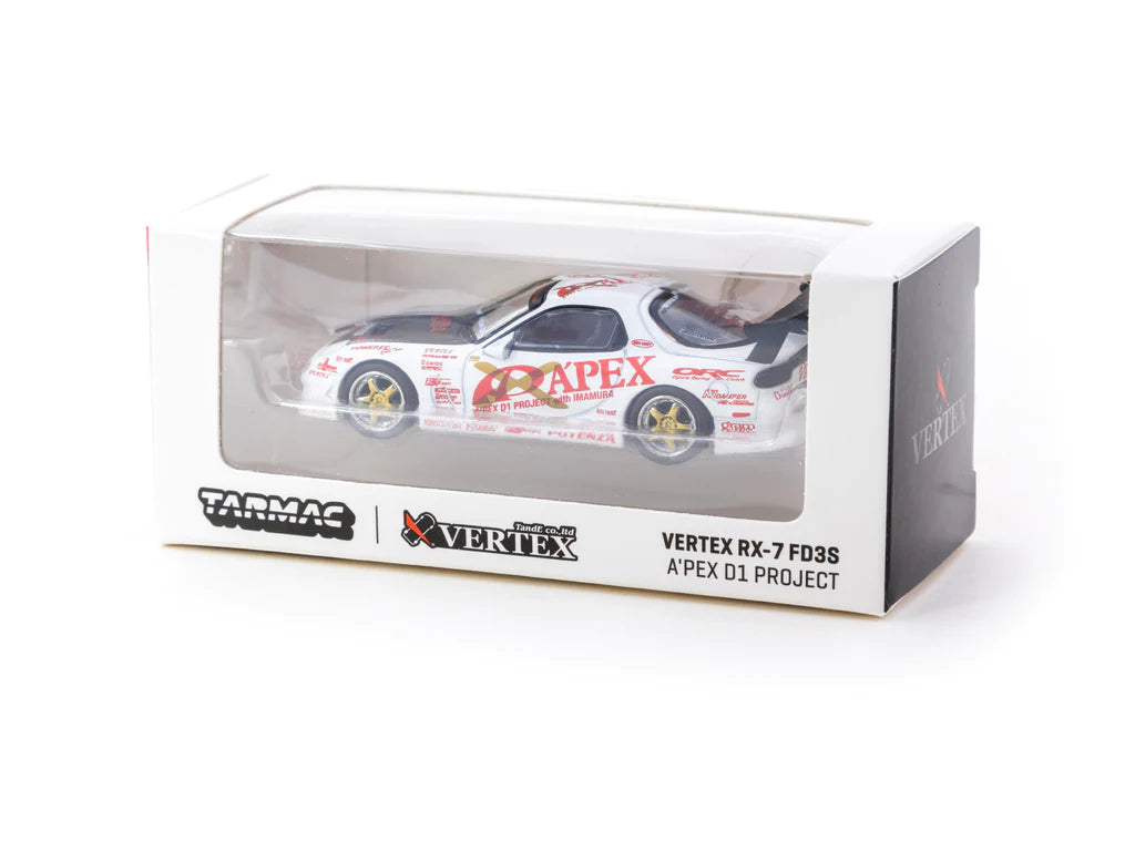 Tarmac Works 1:64 Scale Mazda RX-7 FD3S Vertex A'PEX D1 Project Diecast Model Car - Collectible Toy for Display, Racing Enthusiasts & Japanese Car Fans