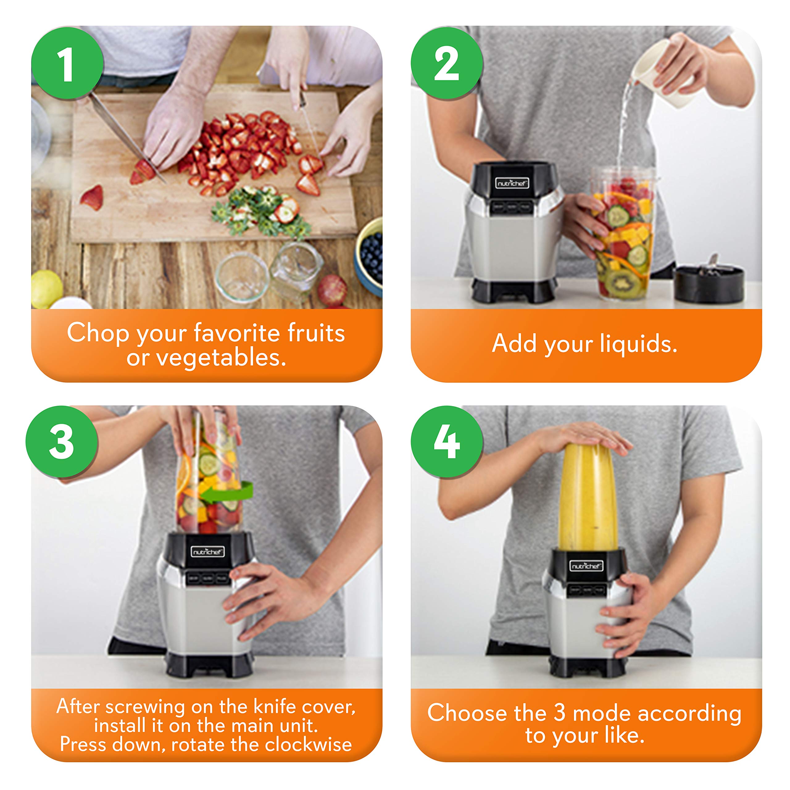 NutriChef NCBL1000.5 Personal Electric Blender - 20 & 24 Oz Portable Single Serve Mini Blender for Smoothies, Shakes & Protein Drinks | Pulse Function, Leak-Proof Lid | Compact Countertop Blender for Kitchen, Office & Travel