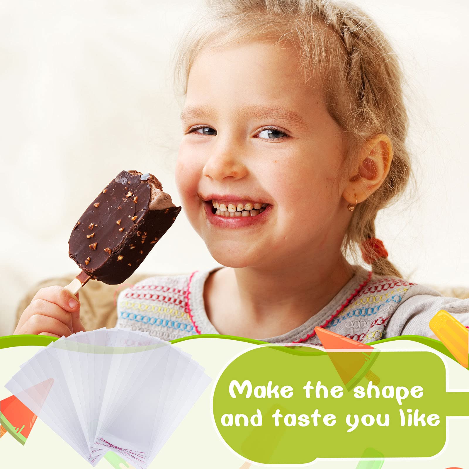 400 Pcs Ice Cream Sticks & Bags Kit - 300 Self-Adhesive Clear Pop Bags + 100 Wooden Sticks for DIY Ice Cream, Summer Parties & Frozen Treats | Perfect for Dessert Making, School Events & Birthday Celebrations