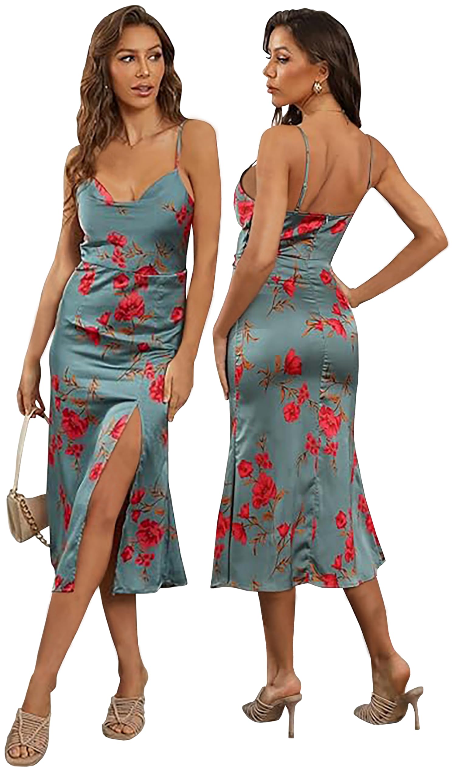 Elegant Women's Cowl Neck Spaghetti Strap Slit Satin Dress - Backless Midi Formal Gown for Wedding Guest, Party & Evening Events | Perfect for Cocktail Parties, Date Nights & Special Occasions