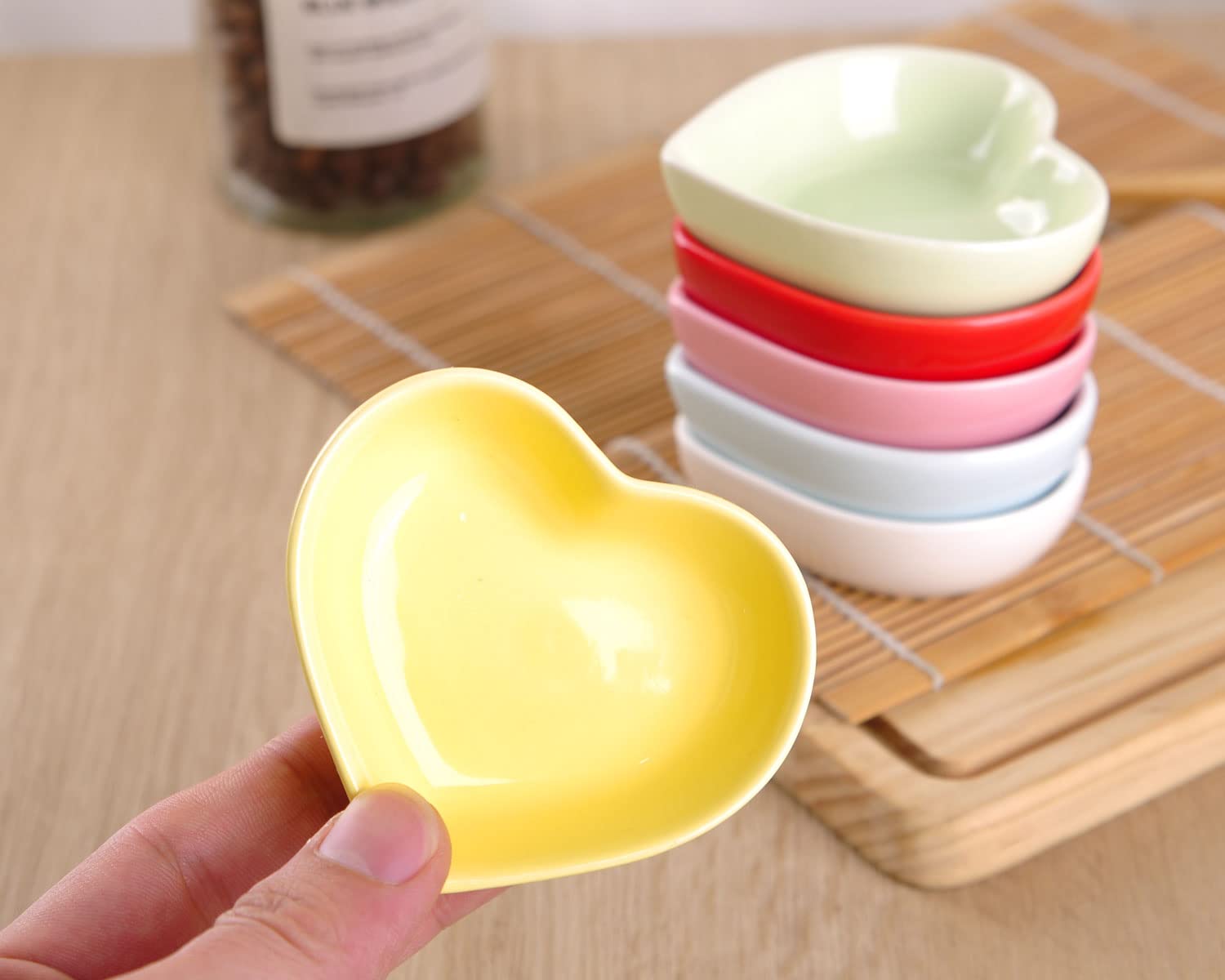 WHJY Yellow Heart-Shaped Ceramic Side Dish Bowls - Set of 6 | Contemporary Porcelain Condiment Dishes for Soy Sauce, Dipping & Seasoning | Perfect for Wedding, Birthday Parties & Home Dining Decor
