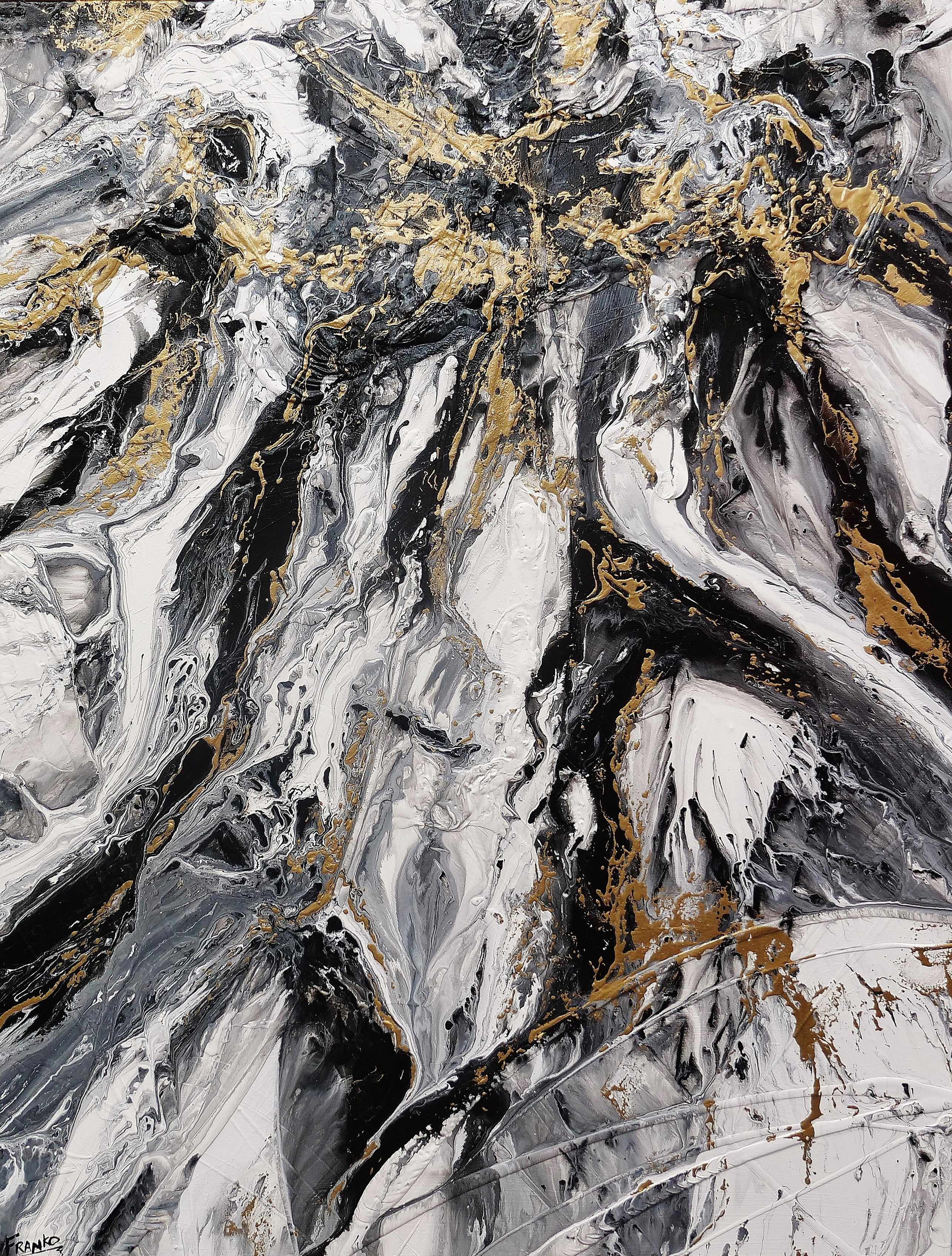 140cm x 180cm Black Gold White Textured Abstract Canvas Painting - Modern Wall Art for Living Room, Bedroom & Office Decor