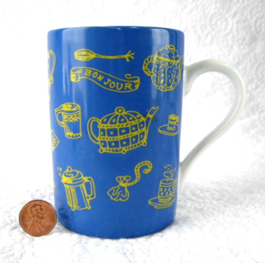 Bonjour French Tea Time Ceramic Mug - 10oz Blue & Yellow Design - Perfect for Morning Coffee, Afternoon Tea & Gifts - Made in Germany