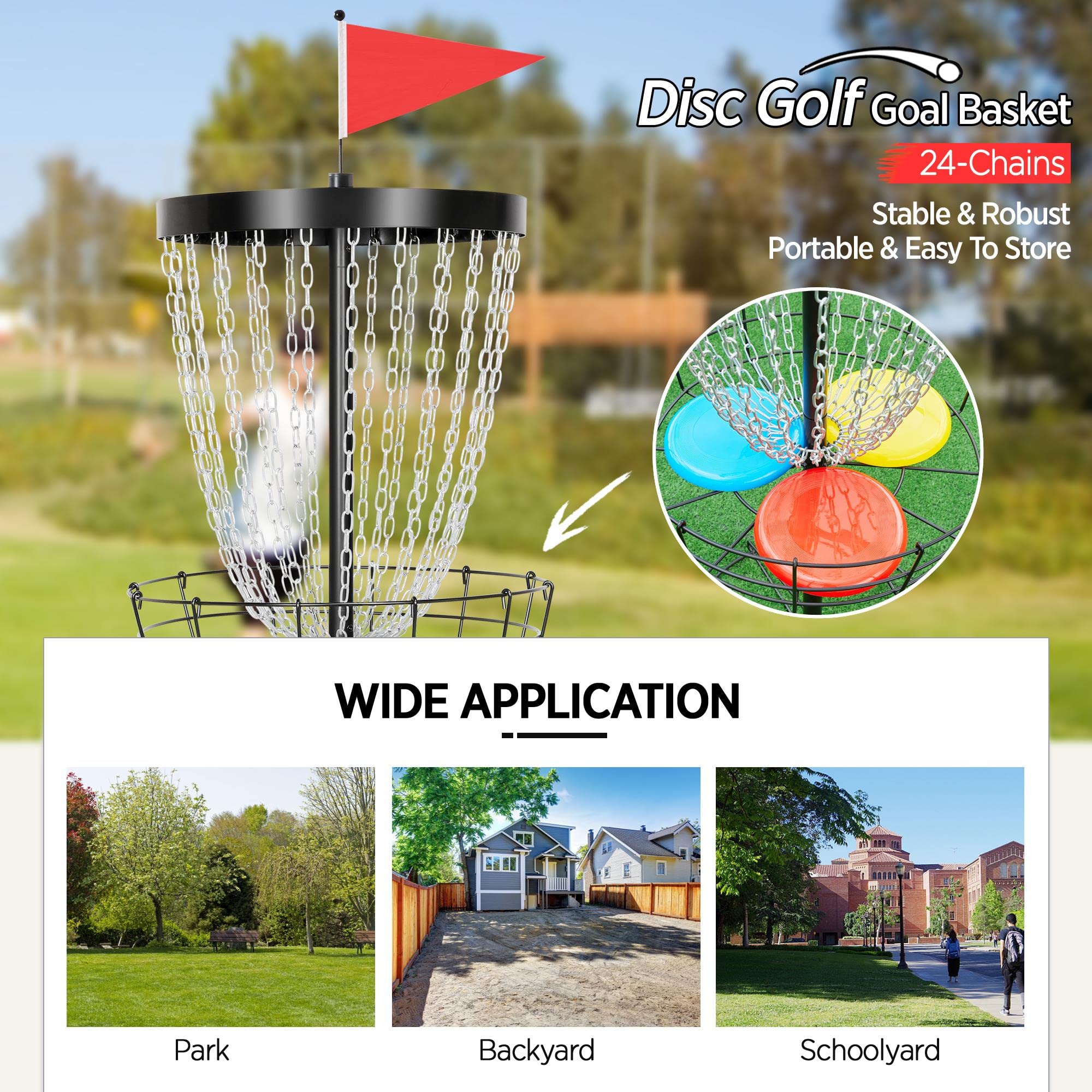 Topeakmart Portable 24-Chain Disc Golf Basket with 3 Discs - Professional Flying Disc Golf Practice Target & Steel Goal - Outdoor Sports Equipment for Backyard, Park & Training