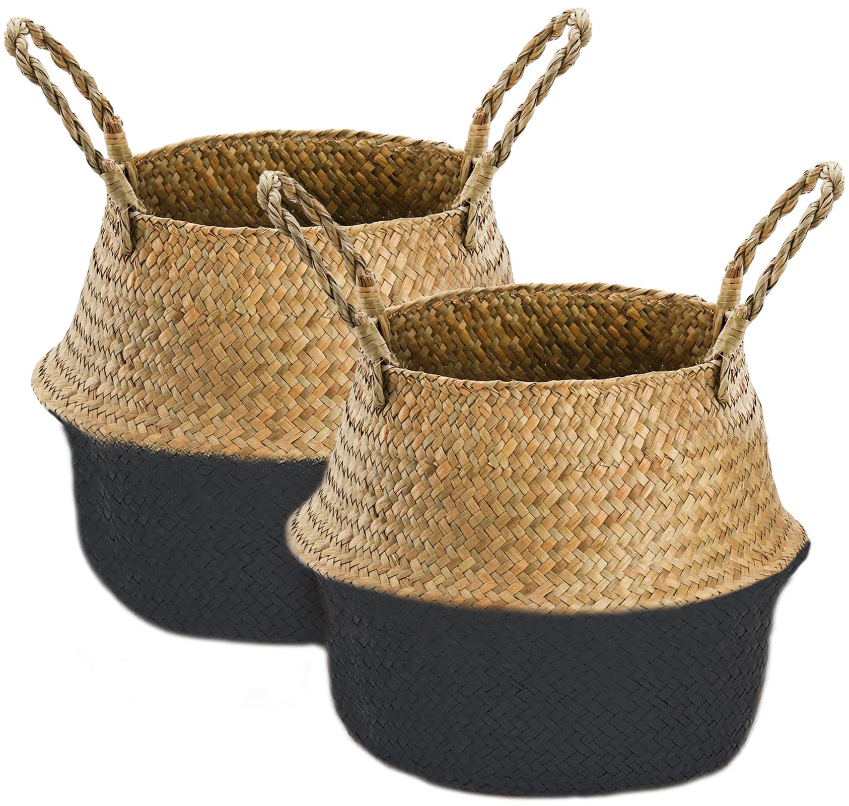 Yesland 2 Pack Black Seagrass Woven Storage Baskets with Handles - Eco-Friendly Plant Basket for Home Decor, Laundry Organizer, Picnic Hamper, Toy Storage & Pot Cover - Perfect for Living Room, Nursery & Outdoor Use