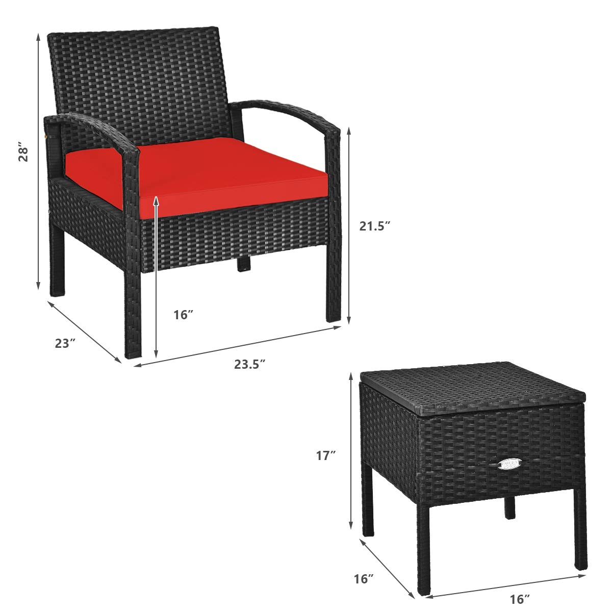 3-Piece Patio Furniture Set - PE Rattan Outdoor Conversation Set with Washable Removable Cushions & Coffee Table with Storage Space - Wicker Sofa Set for Garden, Poolside, Balcony, Backyard (Red) - Perfect for Outdoor Relaxation, Entertaining Guests, and Lounging by the Pool