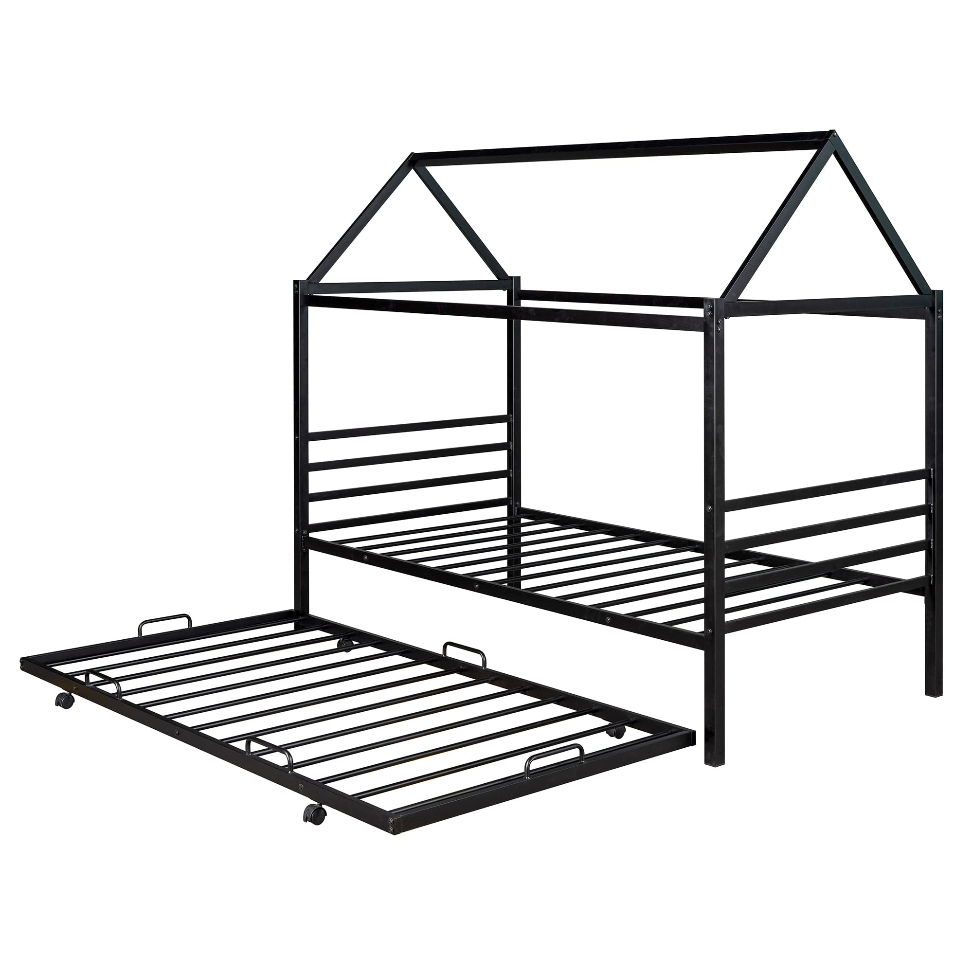 Metal Twin Size House Shaped Bed Frame with Trundle, Headboard & Footboard - Kids Platform Bed for Boys, Girls & Teens (Black) | Perfect for Small Bedrooms, Playrooms & Sleepovers