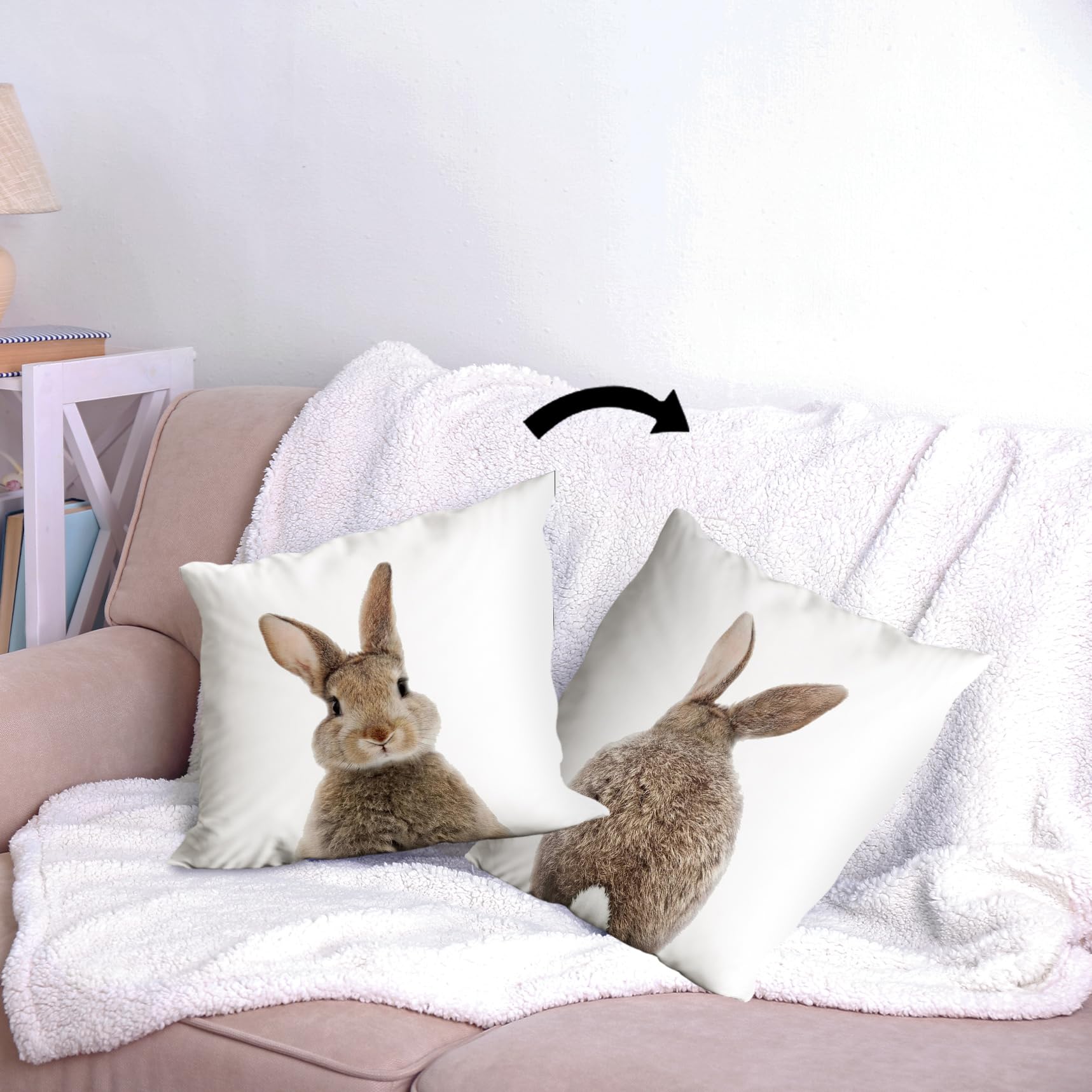Huester 18x18 Inch Bunny Pillow Covers - Reversible Easter Throw Pillow Cases for Sofa, Bed, Farmhouse Decor - Cute Rabbit Themed Cushion Covers for Kids Room, Nursery & Rabbit Lovers Gift (Perfect for Easter Decorations, Spring Home Accents & Cozy Living Room Styling)