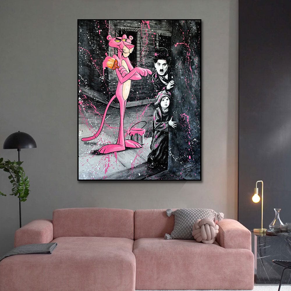 Vintage Charlie Chaplin & Pink Panther Movie Poster - Classic Comedy Icons Wall Art for Home Theater, Office & Man Cave Decor