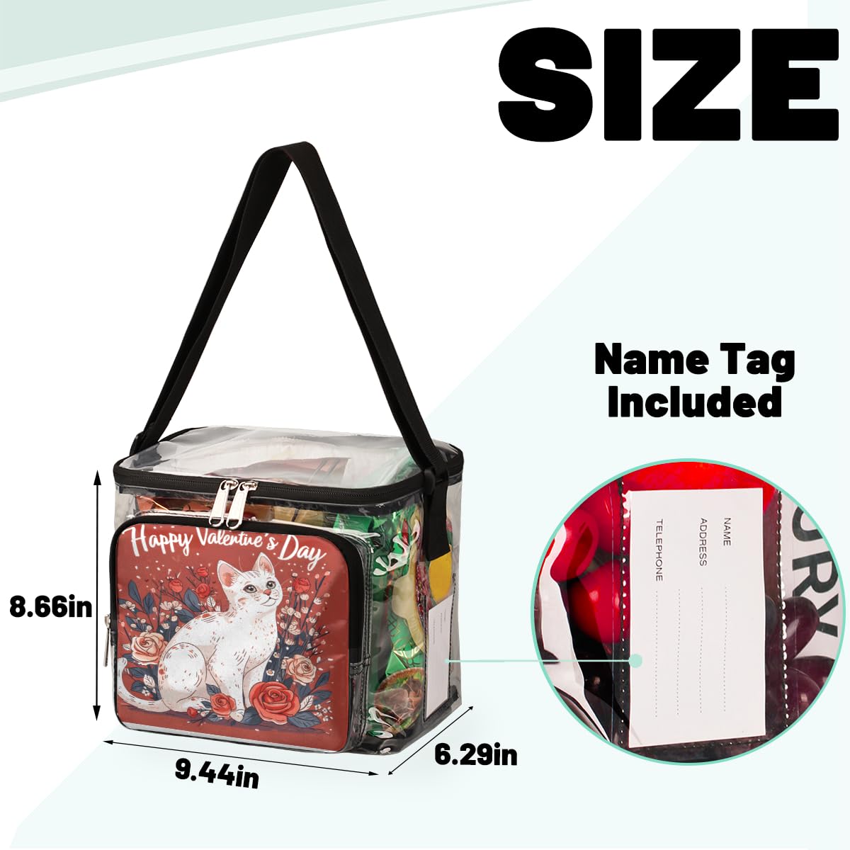 GzLeyigou Clear Transparent Tote Bag with Handles - Cute Cat Design Crossbody Shoulder Bag for Lunch, Outdoor, Travel, Picnic, Concerts & Sports Events | Stadium Approved Multipurpose Purse | Perfect for Valentine's Day Gifts, School, Beach & Shopping