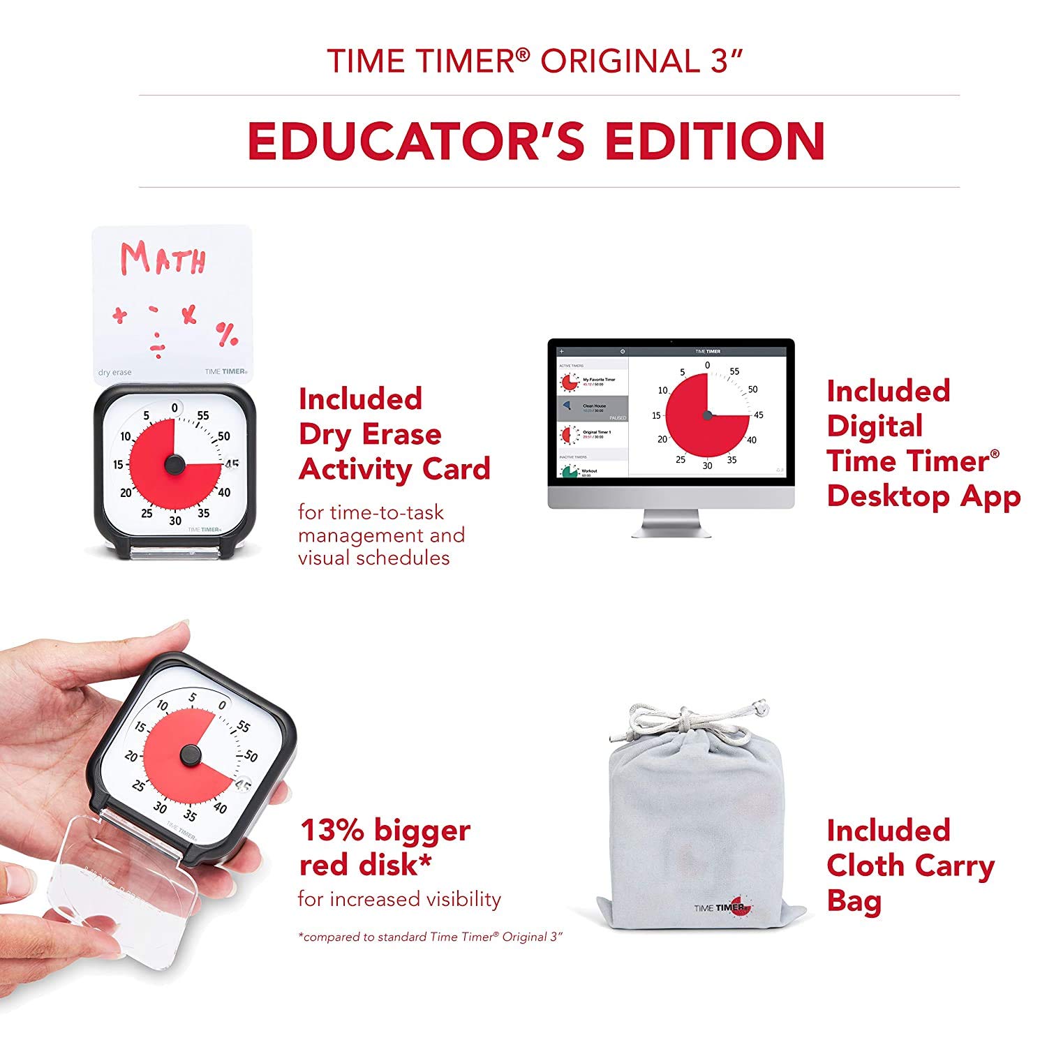 Time Timer 3 Inch Visual Timer - 60 Minute Countdown Clock for Kids with Dry Erase Activity Card & Desktop App - Perfect for Classroom, Homeschool Study, Task Management & Kitchen Use