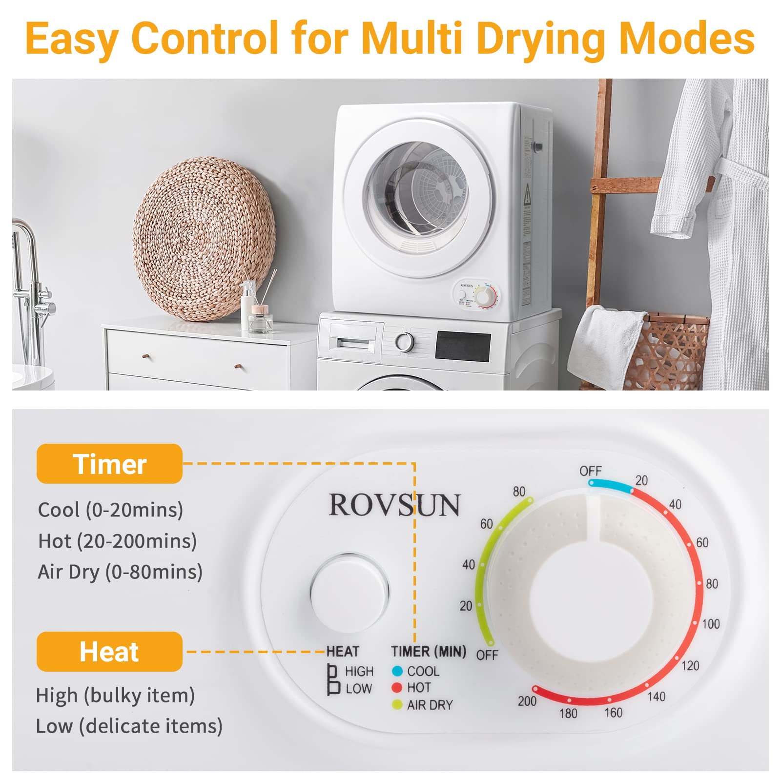 Bonnlo Portable Front Load Electric Clothes Dryer Machine - Compact Laundry Dryer with Stainless Steel Tub for Home, Apartment, Dorm - White (Classic Knob Control) - Perfect for Small Spaces & Quick Drying