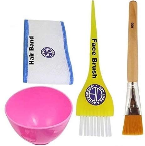 Ear Lobe & Facial Accessories Set - Face Pack Bowl, Face Pack Brush, Brown Face Brush & Disposable Hair Band for Spa, Skincare & Beauty Treatments at Home