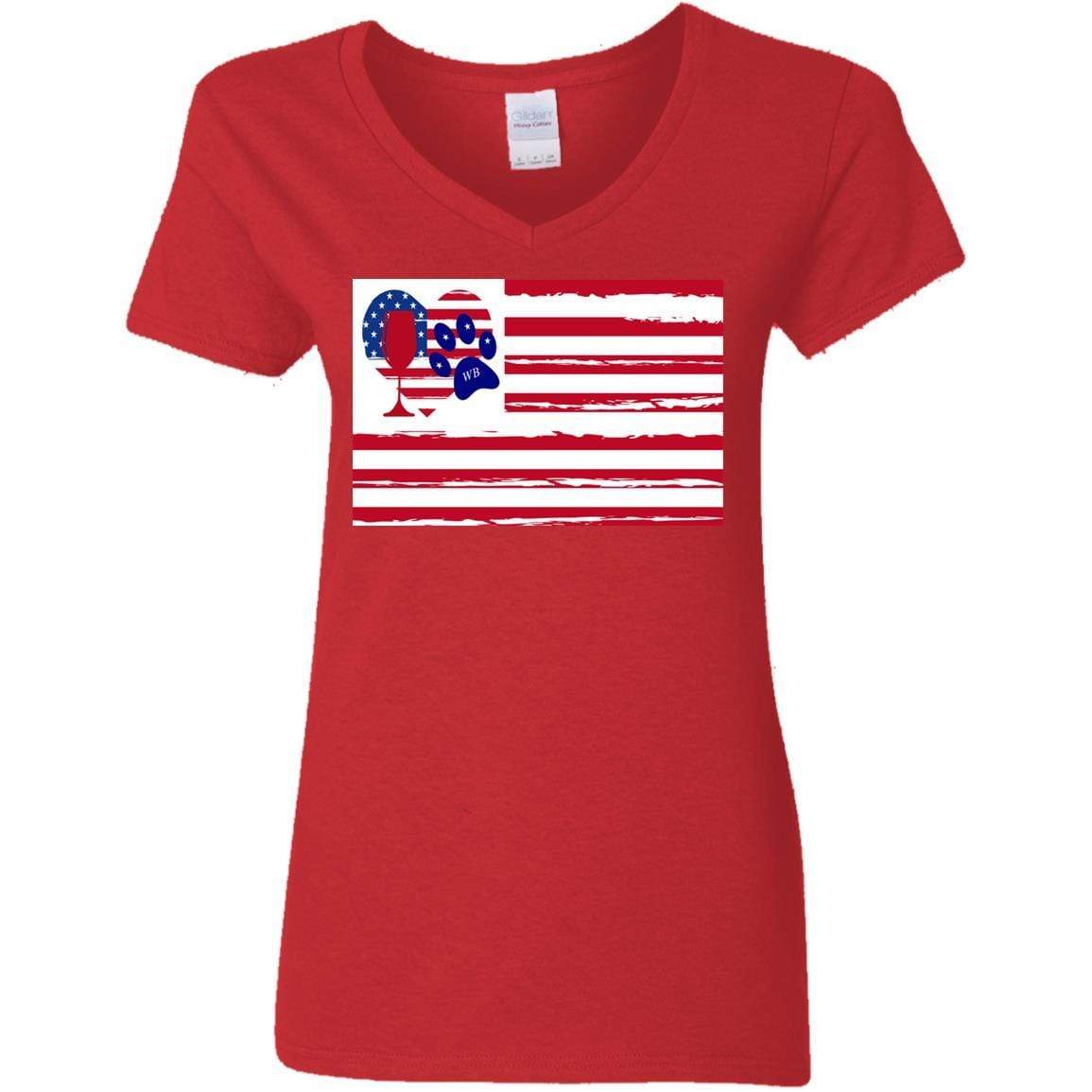 American Flag Wine Paw Heart V-Neck T-Shirt for Women - 5.3 oz Soft Cotton Ladies Tee - Perfect for Patriotic Events, Wine Lovers & Pet Owners