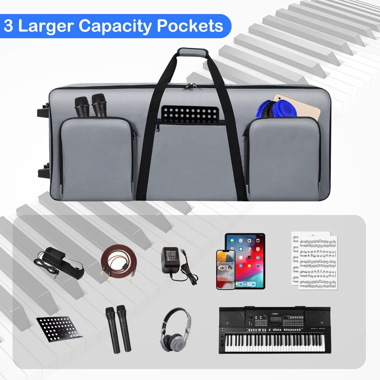 61-Key Rolling Keyboard Case with Wheels - Portable Padded Piano Bag for Travel & Gig Storage