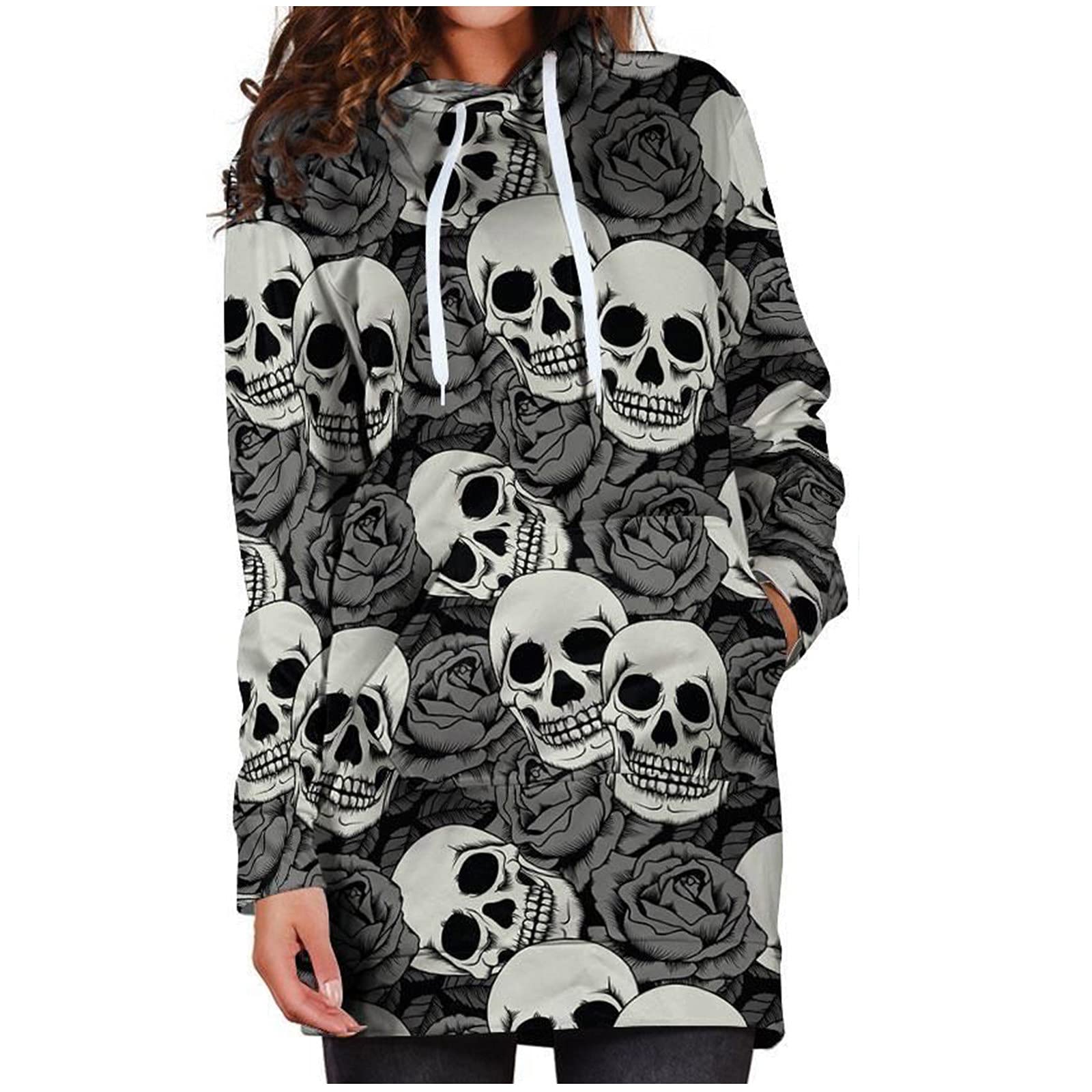 Women's Long Sleeve Halloween Skull Print Hooded Dress - Drawstring Sweatshirt Mini Dress with Pockets | Gothic Party Outfit, Costume Cosplay, Spooky Season Fashion