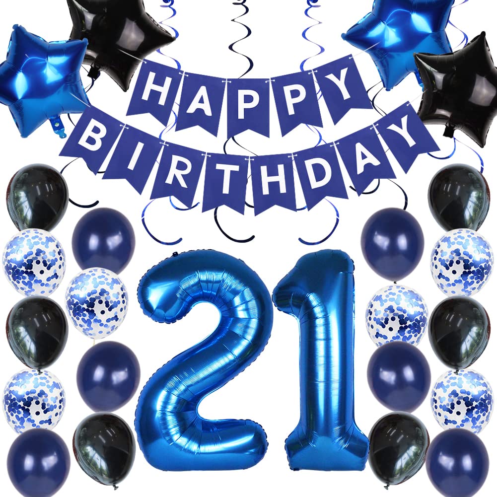 21st Birthday Decorations for Him - Blue Happy Birthday Banner, Number 21 Foil Balloon & Party Backdrop | Perfect for 21st Anniversary Celebrations, Birthday Parties & Instagrammable Moments