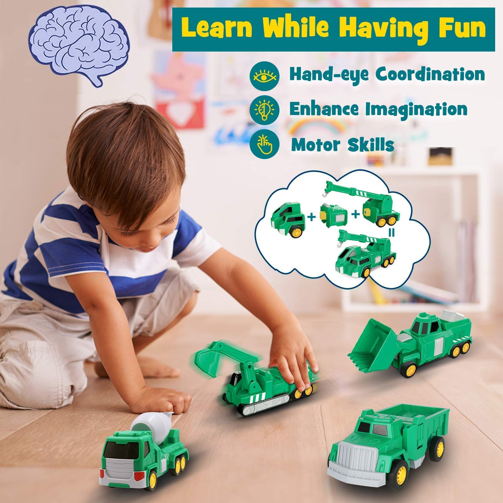 Laradola Transformable Construction Robot Toy Cars with Take Apart Dinosaur - STEM Learning Toys for Boys & Girls Ages 3-8 | Perfect for Birthday, Christmas Gifts & Pretend Play Scenes