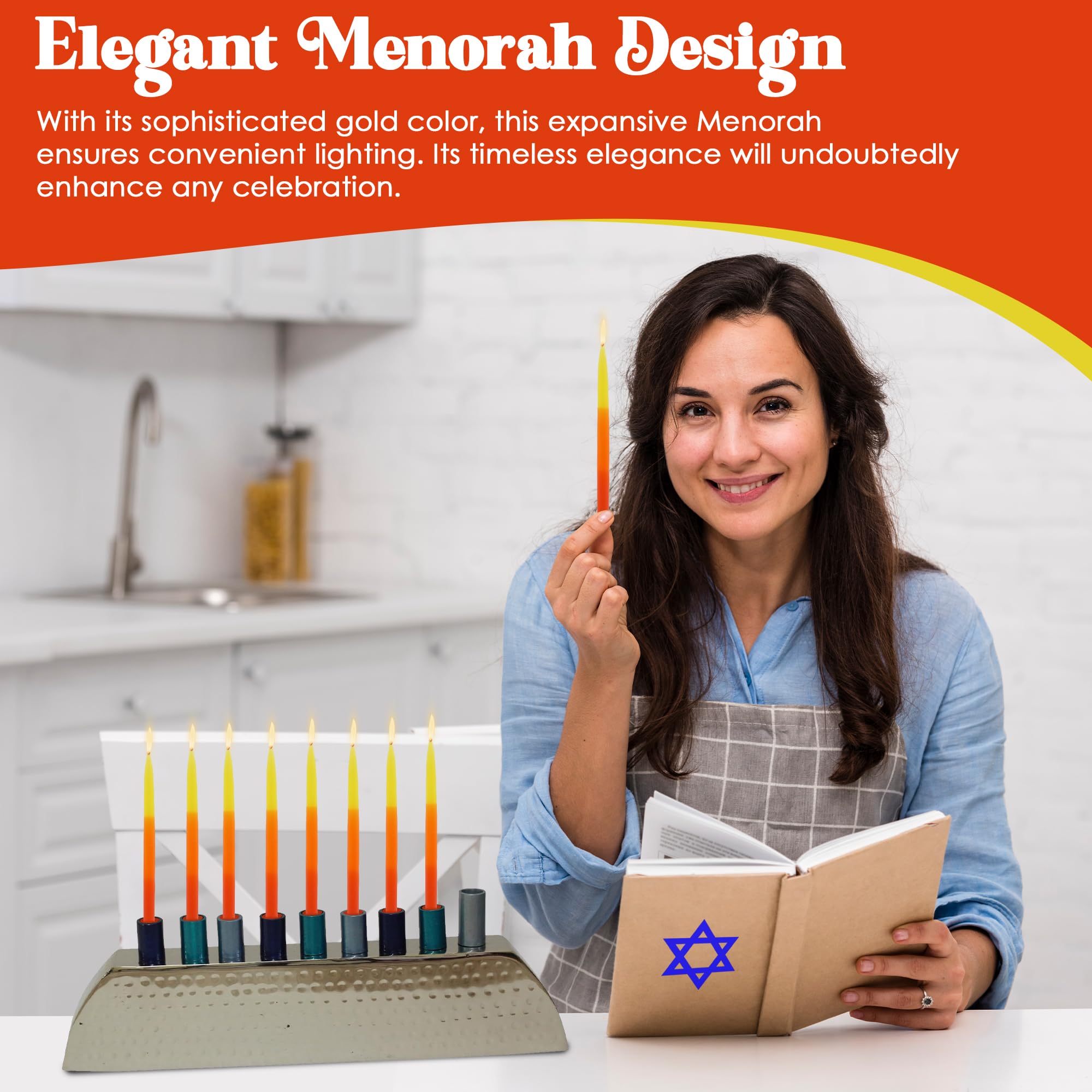 Majestic Giftware Aluminum Nickel-Plated Hanukkah Menorah with Gold Hammered Finish & Blue Cups (MN11128-BL) - 3