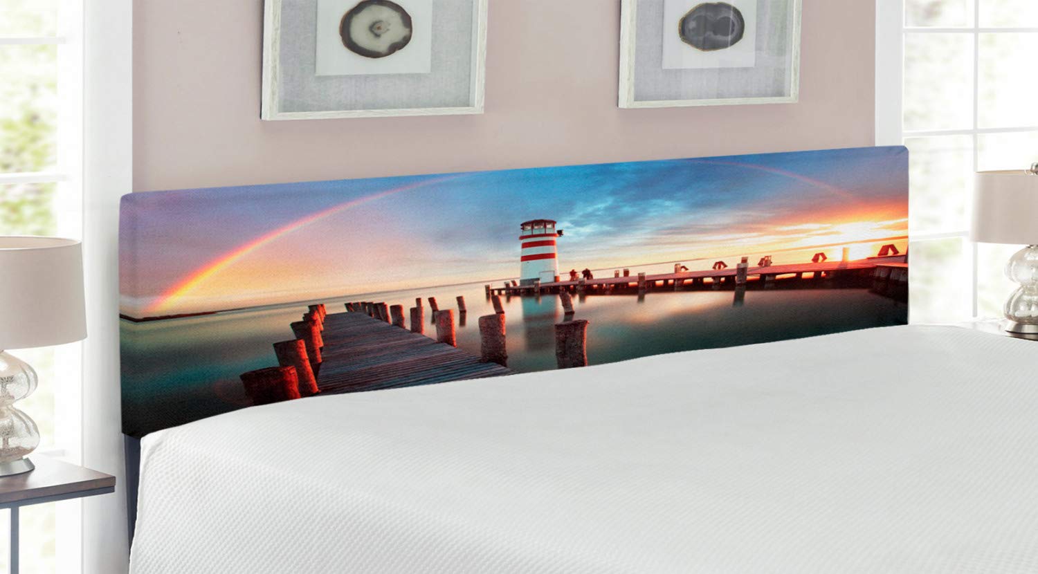 Ambesonne Lighthouse King Size Headboard - Sunset at Seaside Wooden Docks with Clouds & Rainbow Waterfront Reflection - Upholstered Decorative Metal Bed Frame with Memory Foam - Multicolor Coastal Theme Bedroom Decor for Beach House or Nautical Style Home