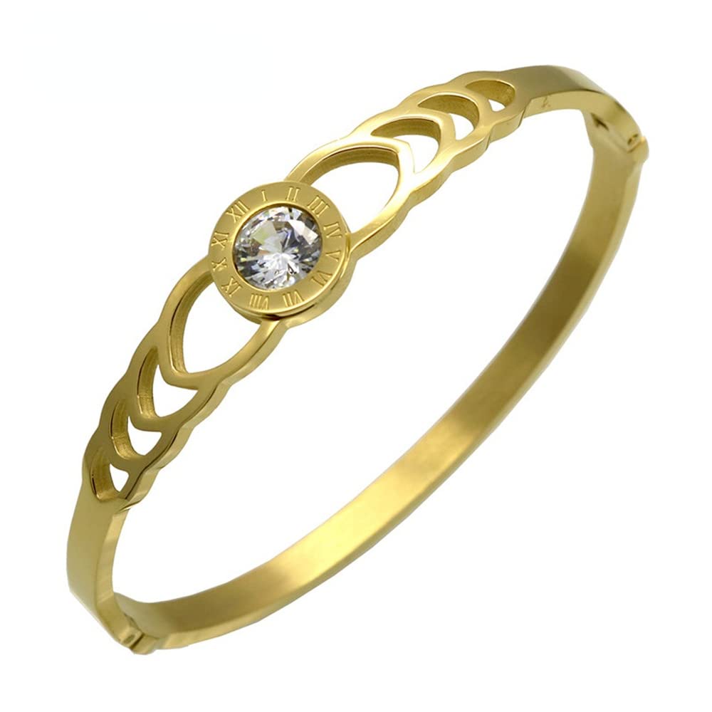 Roman Numeral Bracelet for Women - 8mm Shiny Cubic Zirconia Stainless Steel Bangle, Gold Plated Elegant Jewelry Gift for Her | Perfect for Anniversary, Birthday, Valentine's Day & Everyday Wear