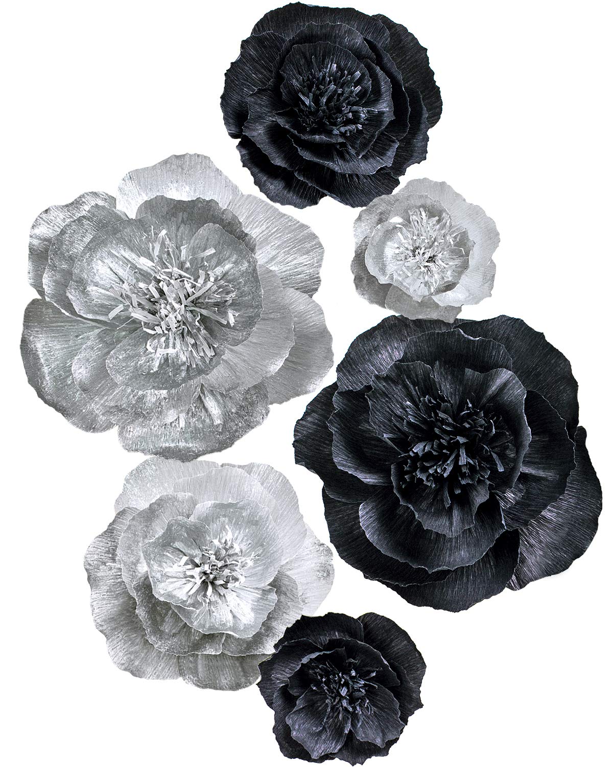 3D Paper Flower Wall Decor - Silver Black Set of 6 | Elegant Wedding, Birthday & Baby Shower Decoration | Perfect for Home, Party & Event Backdrops