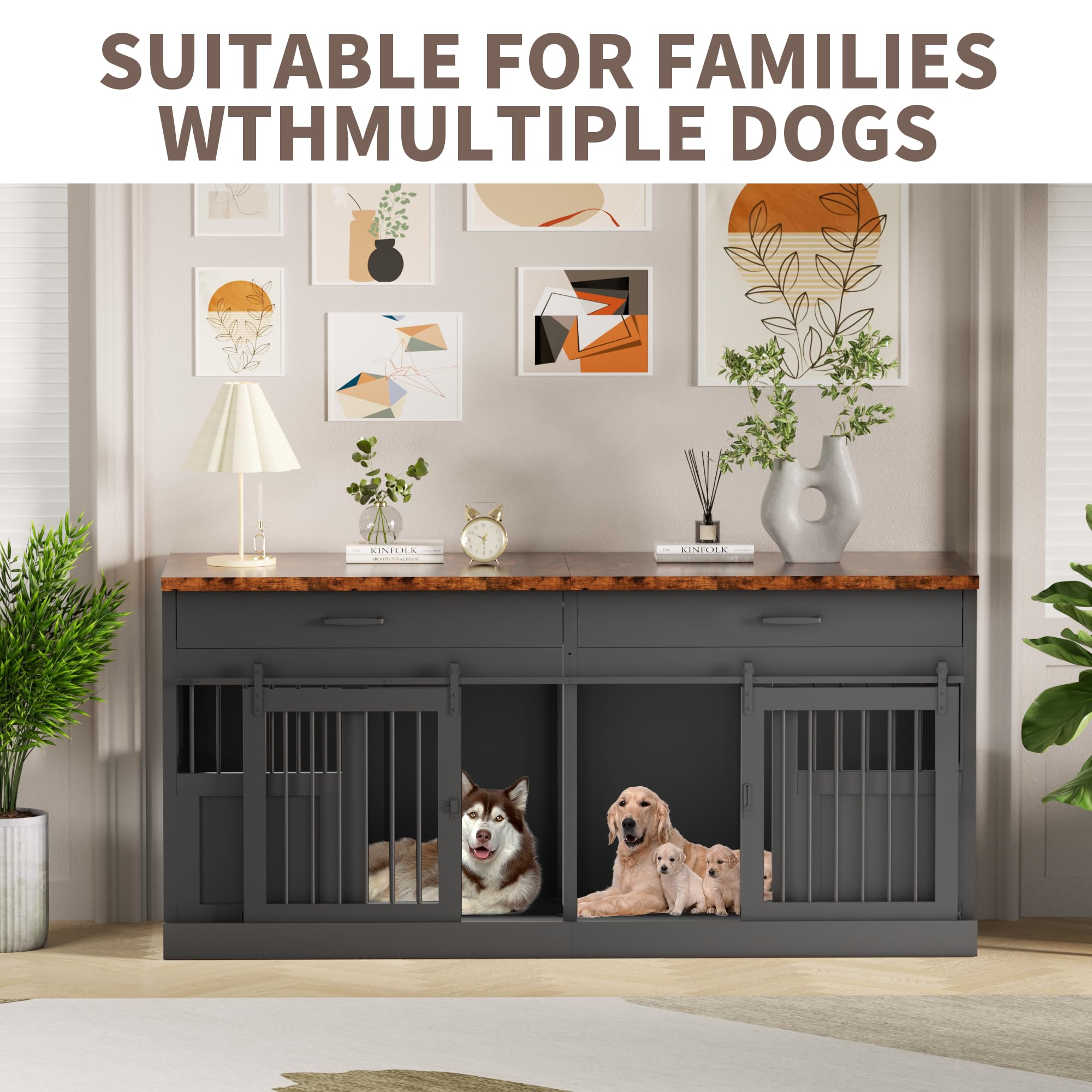 71 Inch XXL Heavy Duty Dog Crate Furniture for 2 Dogs - Decorative Indoor Kennel with Removable Divider, 2 Storage Drawers & Sliding Doors - Black | Perfect for Large Breed Homes, Living Room Pet Furniture & Multi-Dog Households