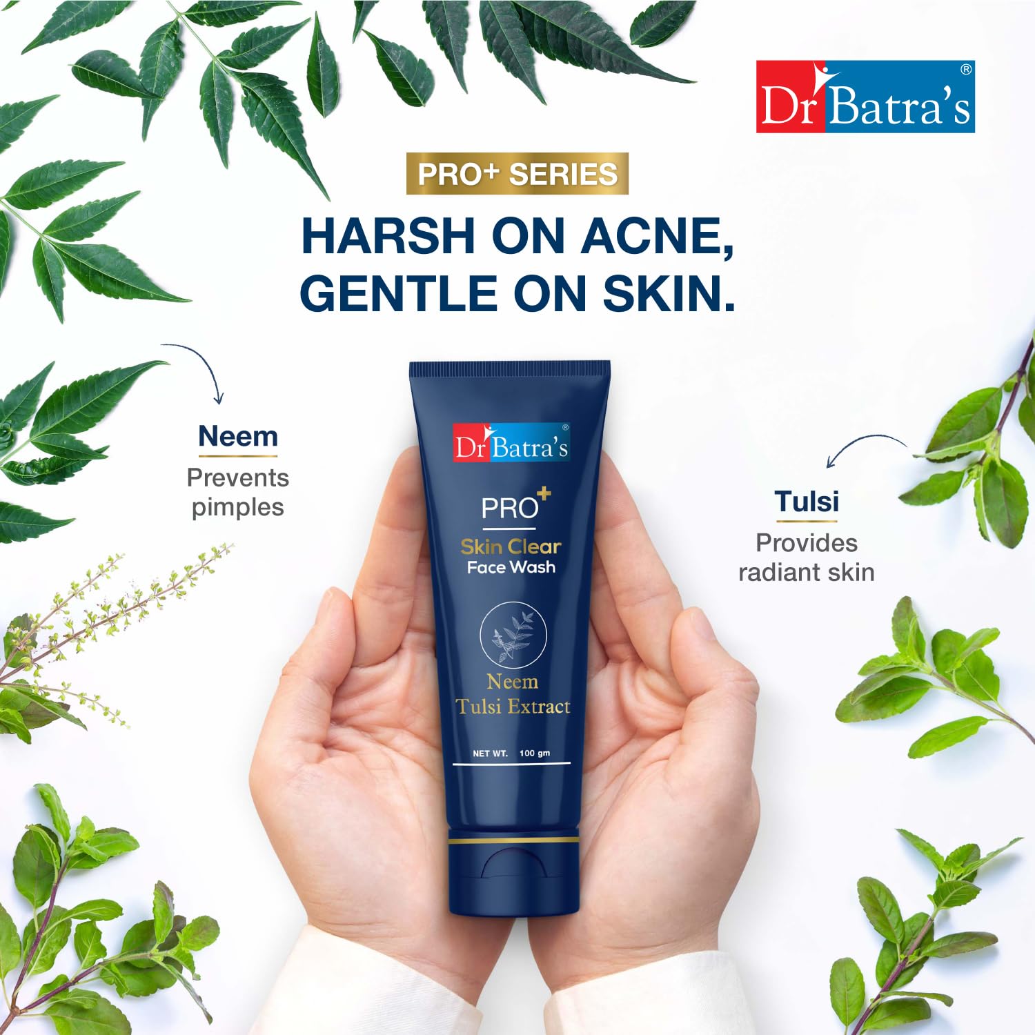 Dr Batra's PRO+ Skin Clear Face Wash 100g - Natural Tulsi, Neem & Aloe Vera Extract | Antibacterial, Sulfate & Silicone Free | Gentle Cleanser for Acne-Prone & Sensitive Skin | Daily Skincare Routine for Clear, Healthy Complexion