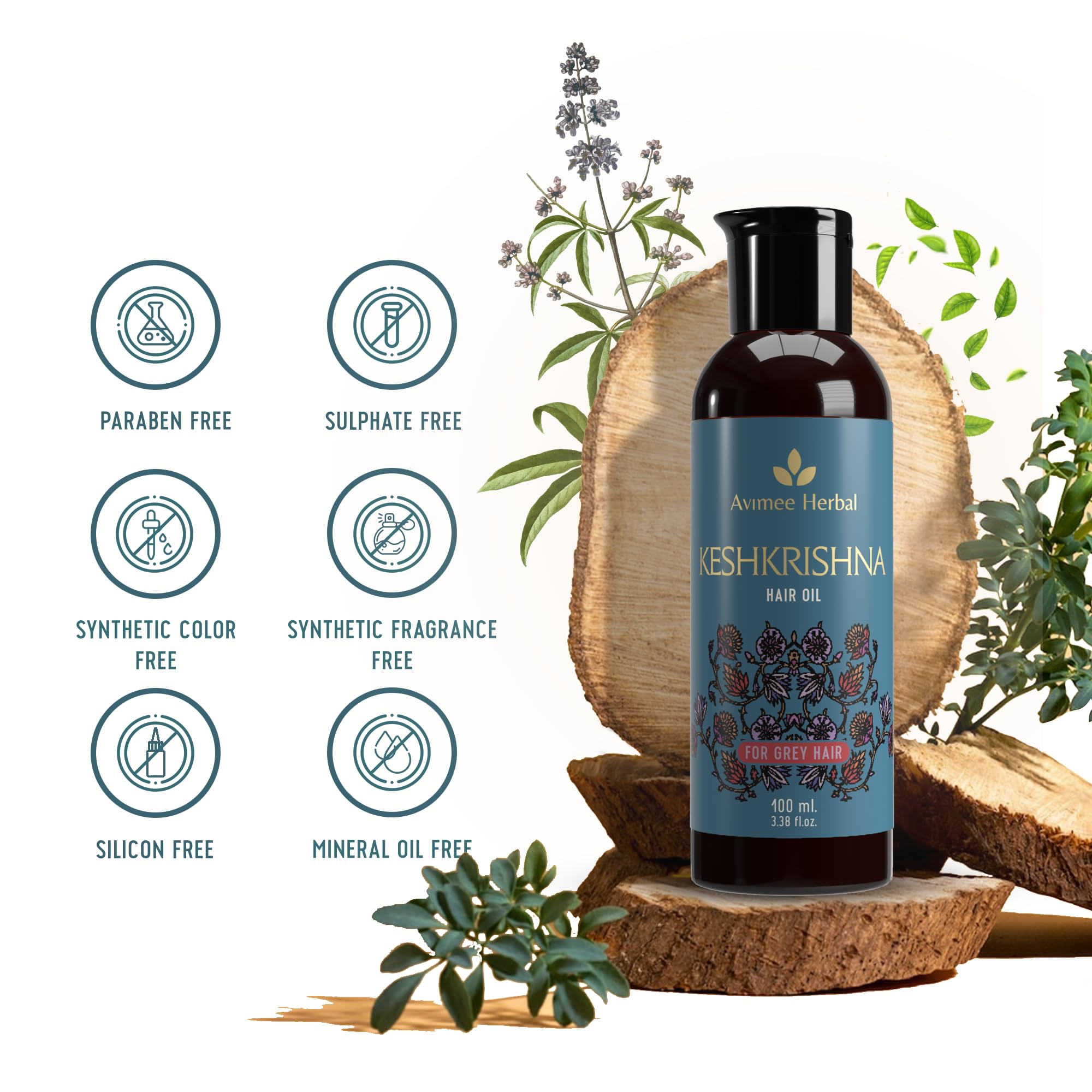 Avimee Herbal Keshkrishna Hair Oil with Indigo, Amla, Curry Leaf & Henna | 100% Natural & Mineral Oil Free | 100ml | Promotes Hair Growth & Prevents Gray Hair | Perfect for Daily Hair Care & Scalp Massage