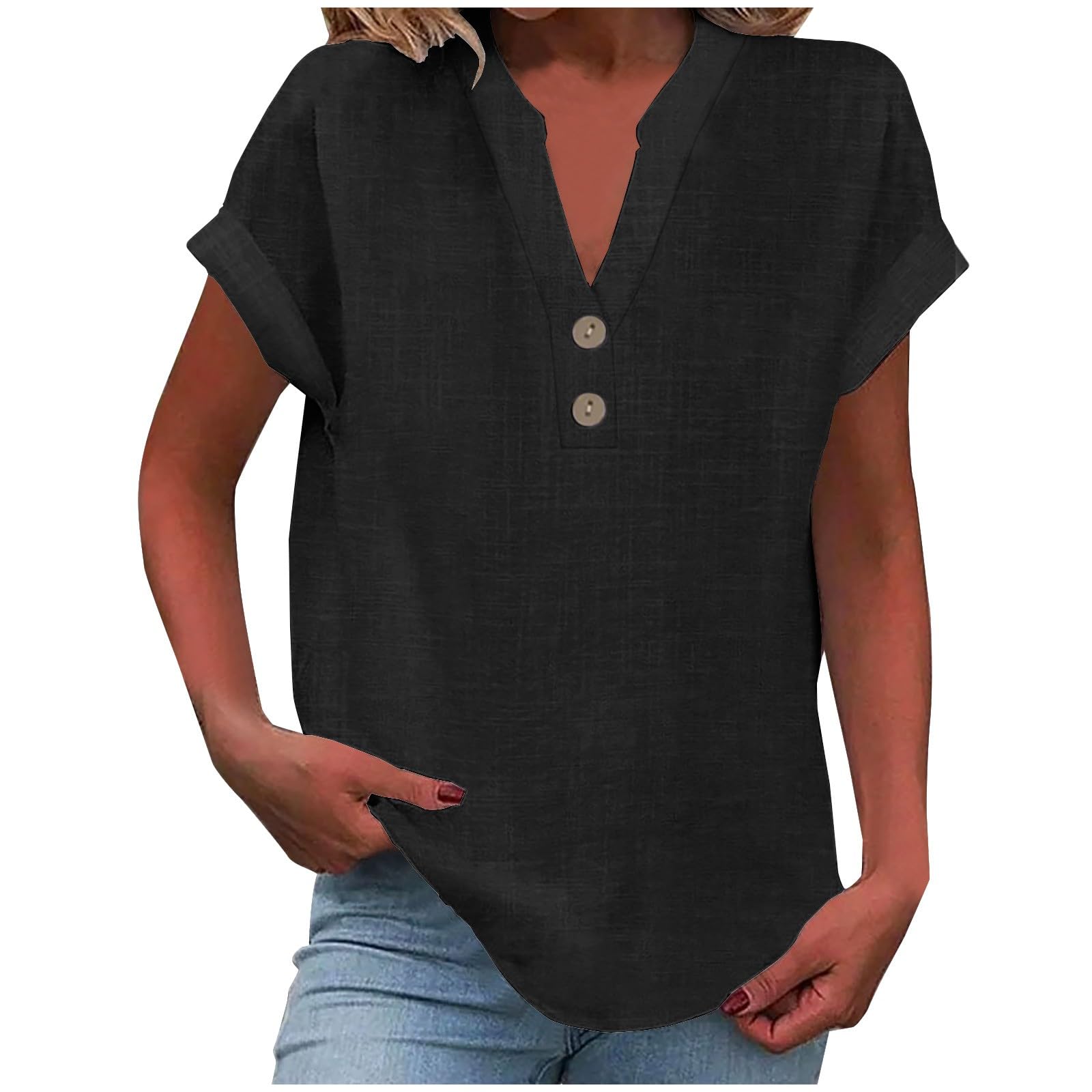 Women's Linen Shirts - V Neck Button Down Blouse with Short Sleeves | Office Work Tops & Vintage Vacation Tees | Perfect for Business Casual, Summer Travel & Beach Outfits