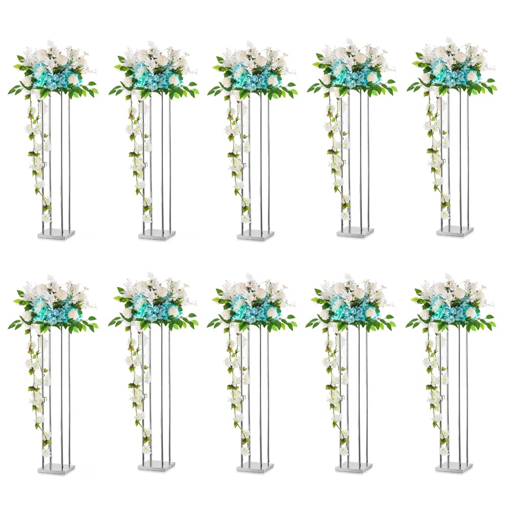 39.4in Silver Metal Tall Vases for Wedding Centerpieces - Elegant Column Flower Stand for Table Decorations, Geometric Floor Vases for Wedding Reception, Birthday Party, Home Decor (Set of 10) - Perfect for Creating Stunning Event Displays and Sophisticated Home Accents
