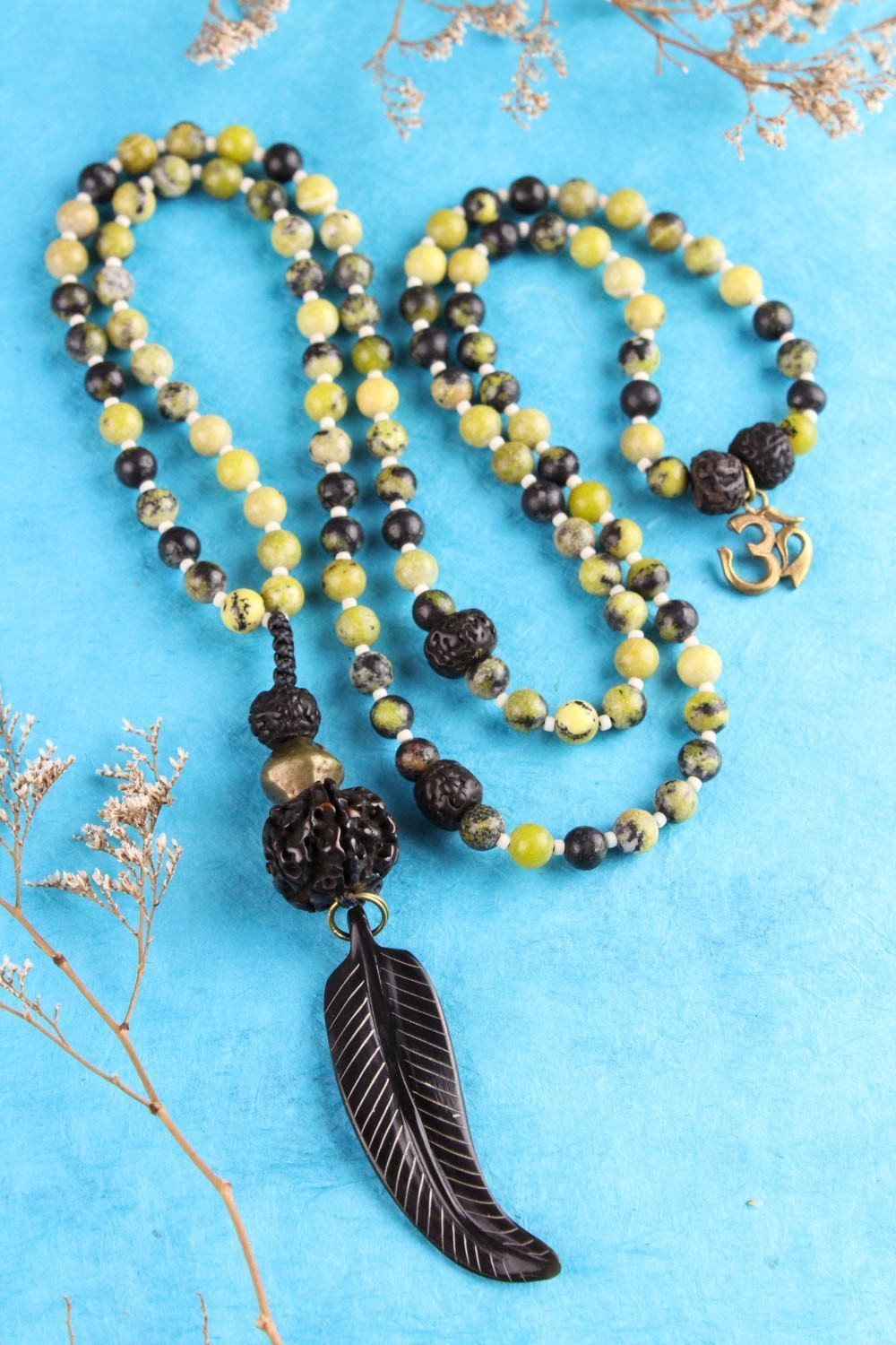 Green Turquoise Bone Feather Mala Beads - Handmade Spiritual Meditation Necklace for Yoga, Chakra Healing & Boho Jewelry