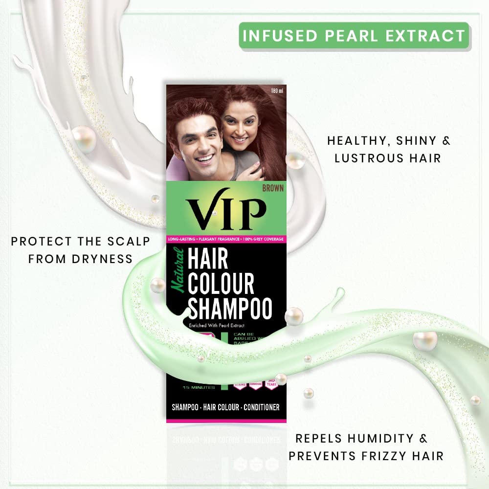 VIP Brown Hair Color Shampoo 180ml - Quick Gray Coverage in 15 Minutes for Women & Men | Natural Hair Dye Alternative | At-Home Salon Quality Hair Coloring | Perfect for Touch-Ups, Root Coverage & Daily Hair Care